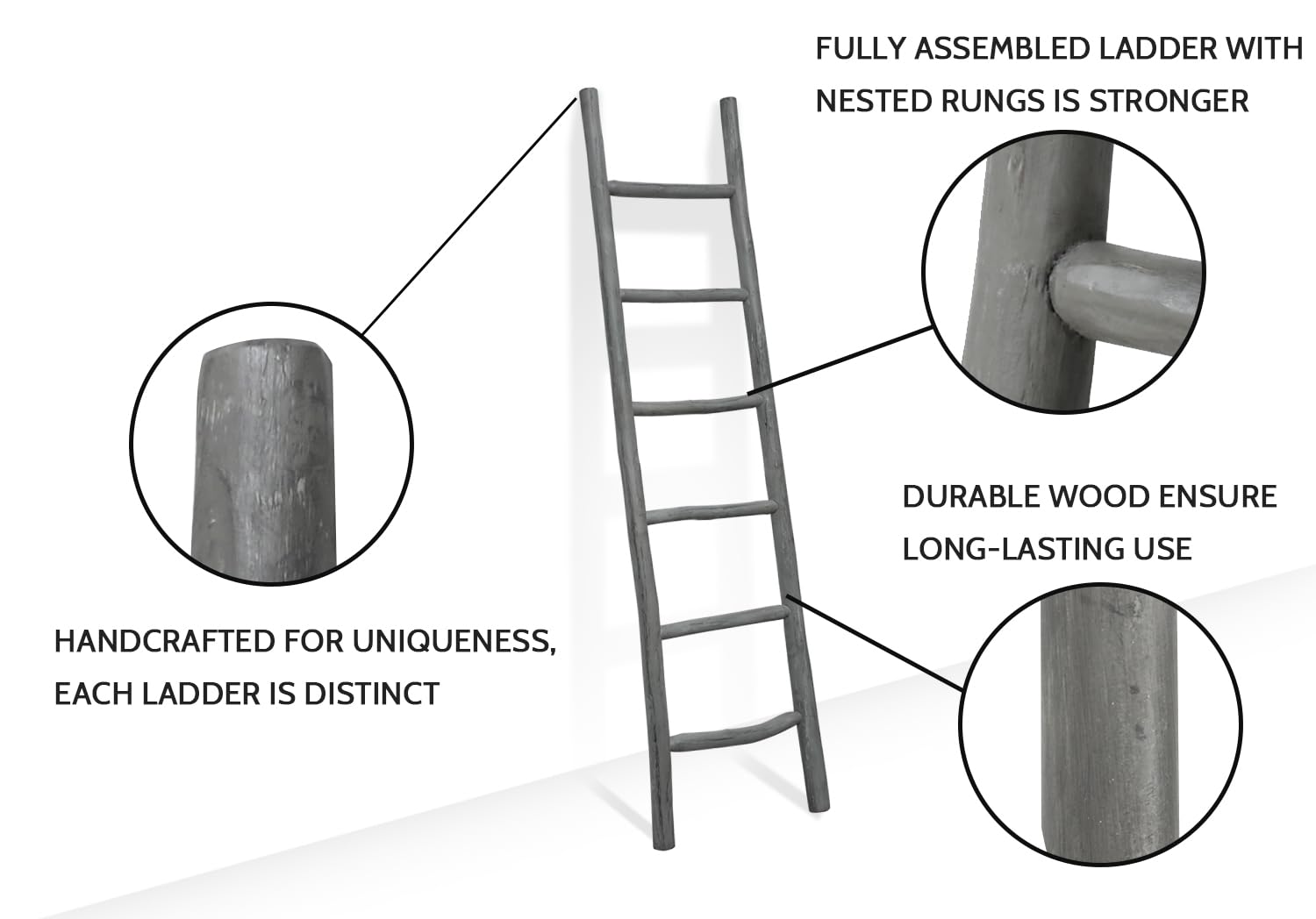 FUIN 57in Wood Blanket Ladder Living Room Decorative Wall Leaning Farmhouse Quilt Display Holder Rustic Wooden Towel Rack for Bathroom, Black