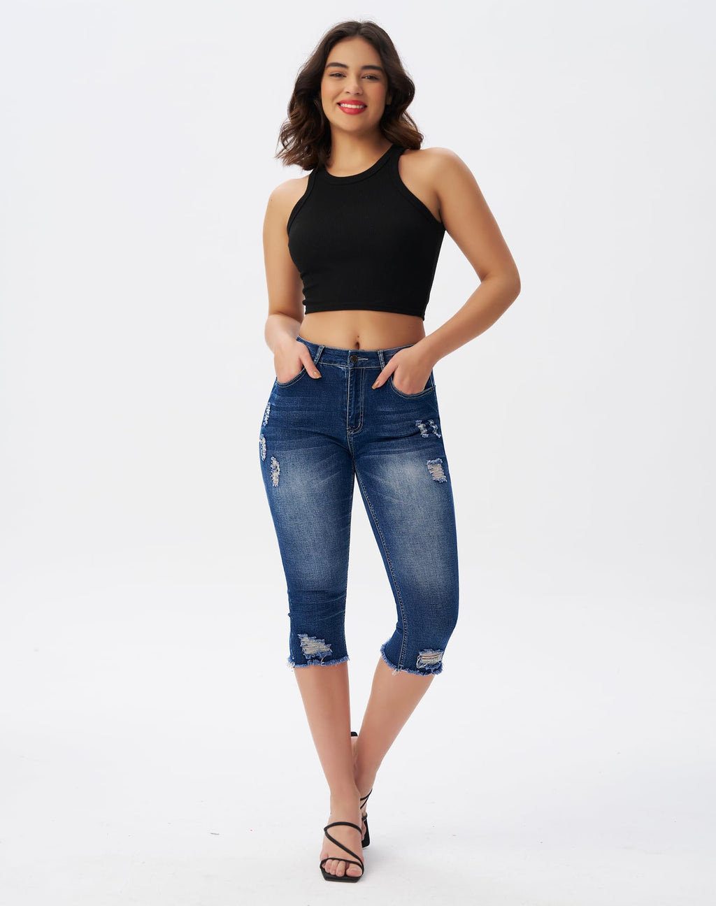 roswear Women's Capri Pants Mid Rise Skinny Ripped Stretchy Cropped Distressed Jeans