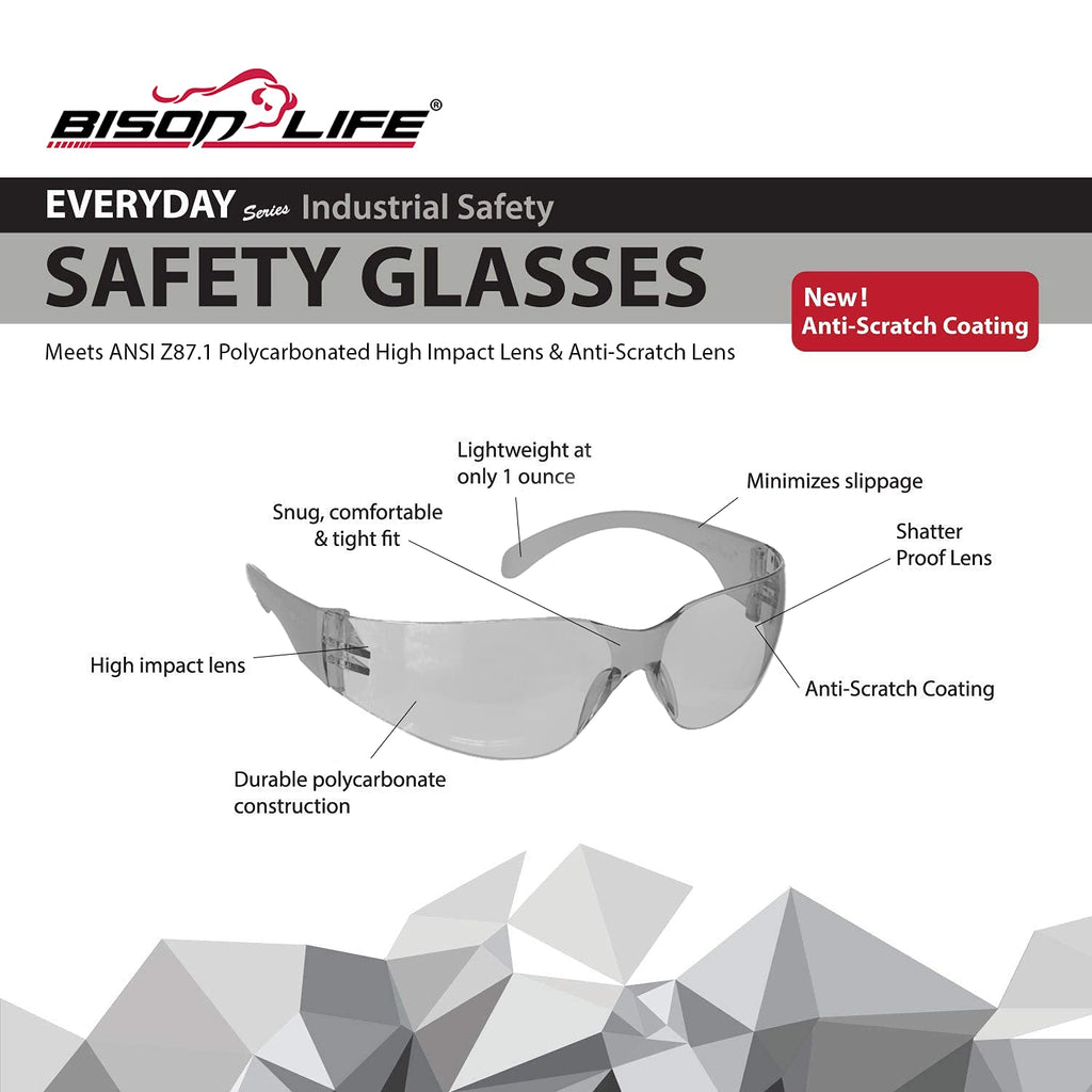 BISON LIFE Clear Safety Glasses – ANSI Z87.1 Certified Scratch & Impact Resistant Eye Protection Goggles for Men & Women