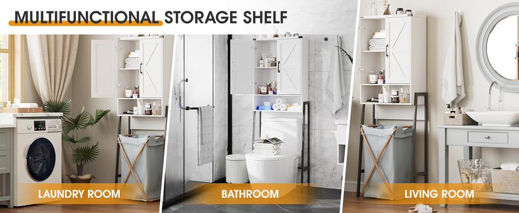 Vabches Over The Toilet Storage Cabinet with 2-Door Design Bathroom Organizers and Storage with Anti-Tip Device Over Toilet Organizer with Shelves for Bathroom,Restroom,Laundry Black