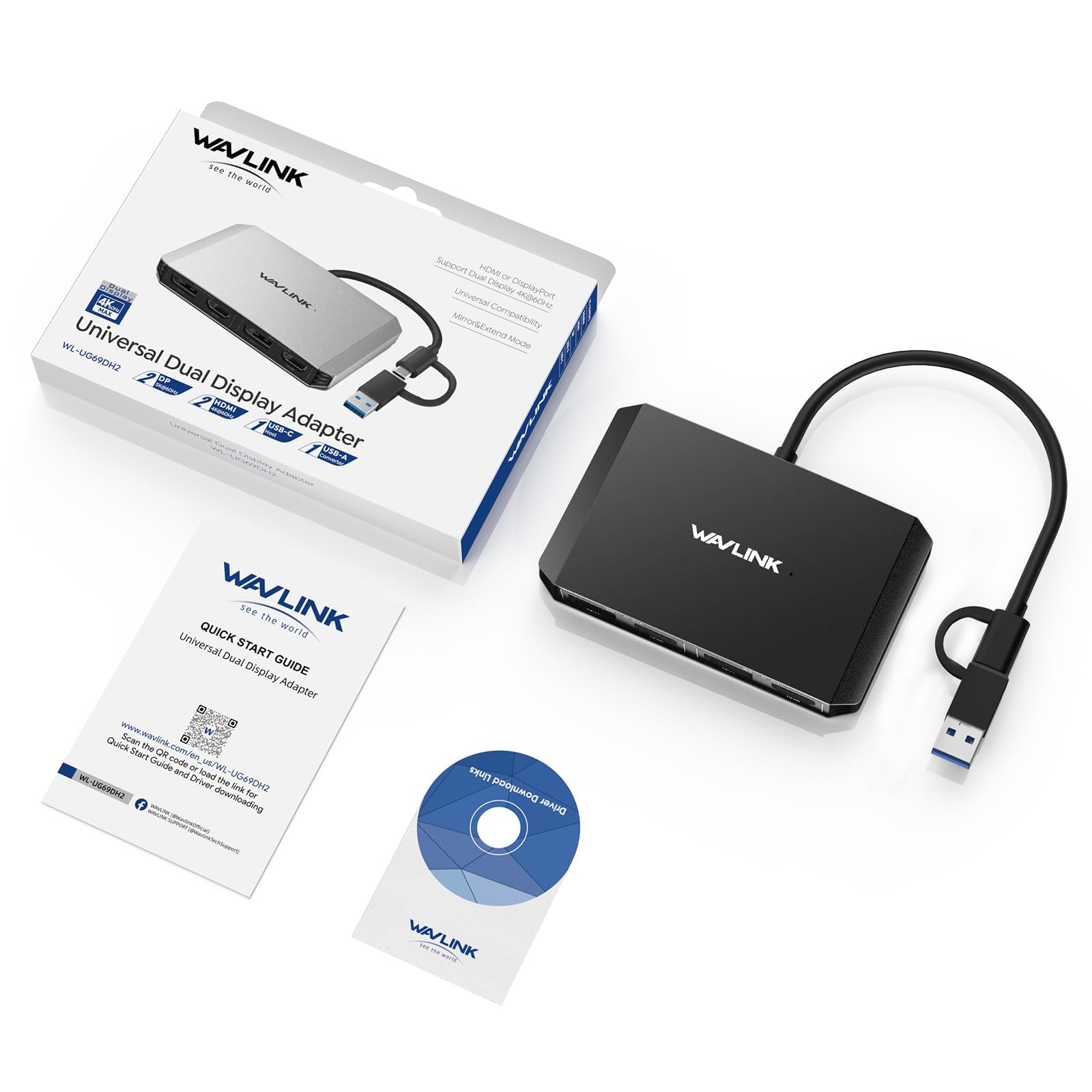 WAVLINK USB C or USB 3.0 to Dual HDMI/DisplayPort Adapter, Displaylink Monitor Splitter Extended Display for Dual Monitor 4K@60Hz, HDMI/DP Splitter Compatible with Mac M1-M5/Neo,Window Laptop-Black