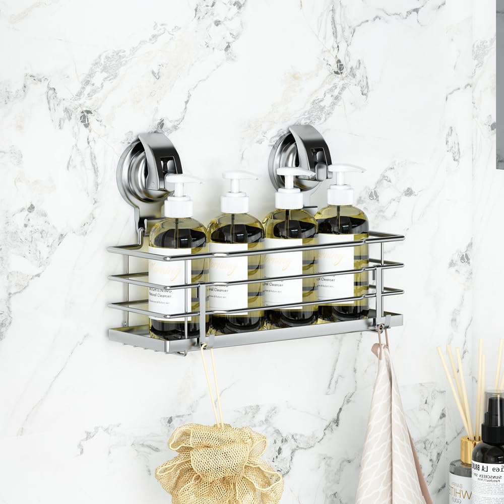 TESOT Suction Cup Shower Caddy, Shower Shelf Soap Dish with Hooks for Razor, Sponge, Rust Proof 304 Stainless Steel, Black