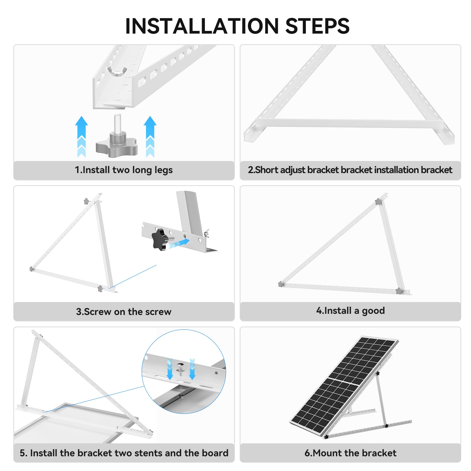 Upgraded 47in Adjustable Solar Panel Tilt Mount Brackets, Foldable Tilt Legs, Support 100 200 300 400 500 Watt Solar Panels 4-8Pcs, Solar Panel Stand for Roof, Off-Grid, RV and Boat