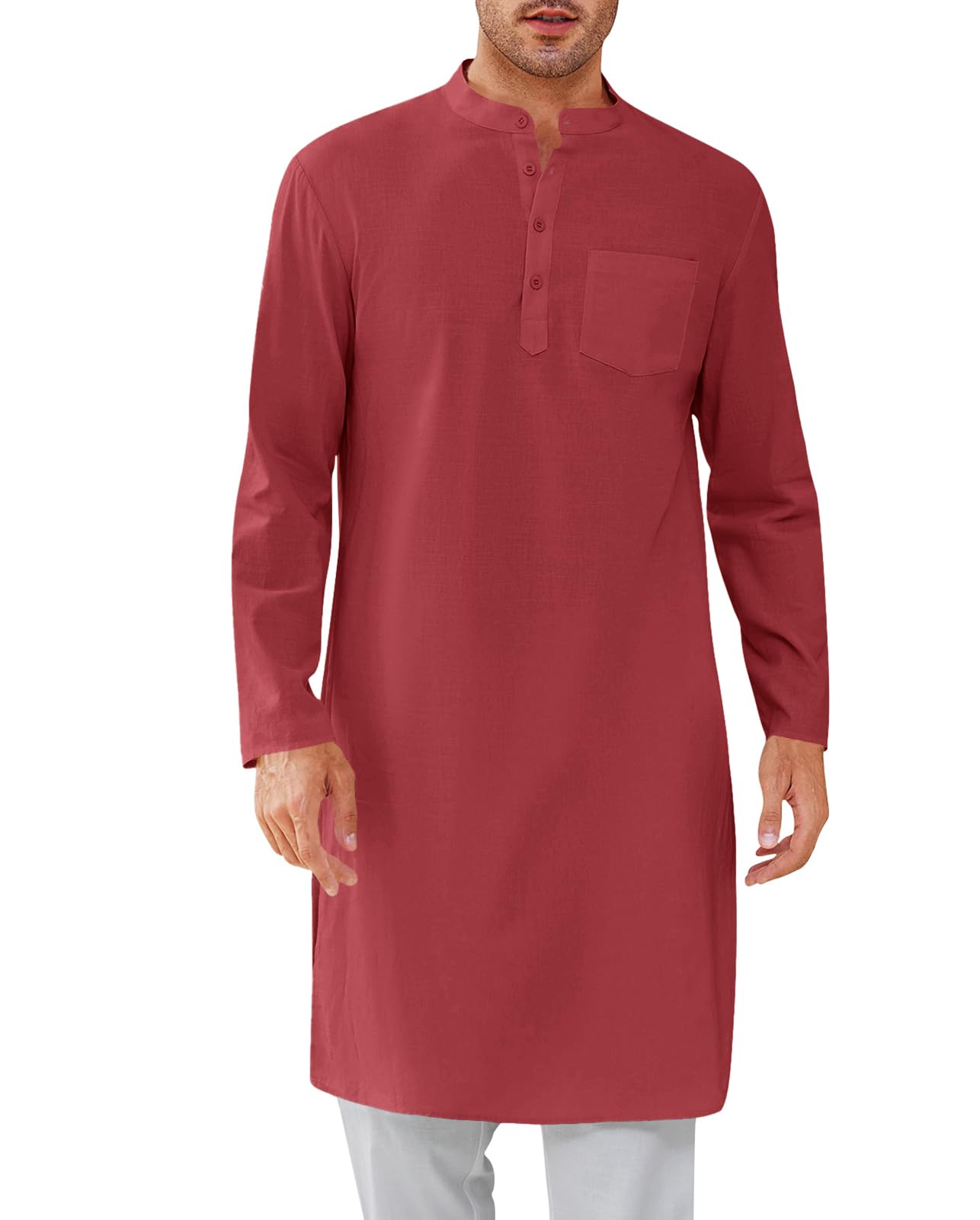 Gafeng Mens Kaftan Robe Button Down Long Sleeve Henley Cotton Thobe Casual Side Split Gown Shirt