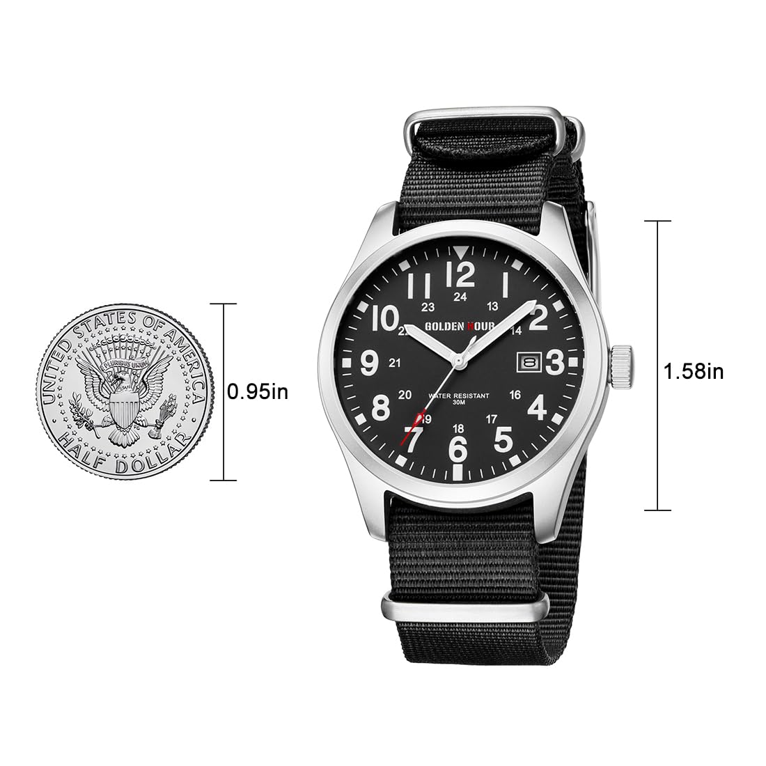 GOLDEN HOUR Men's Nylon Slip-Thru Strap Watch with Military Time Easy Read Dial Glowing Hands
