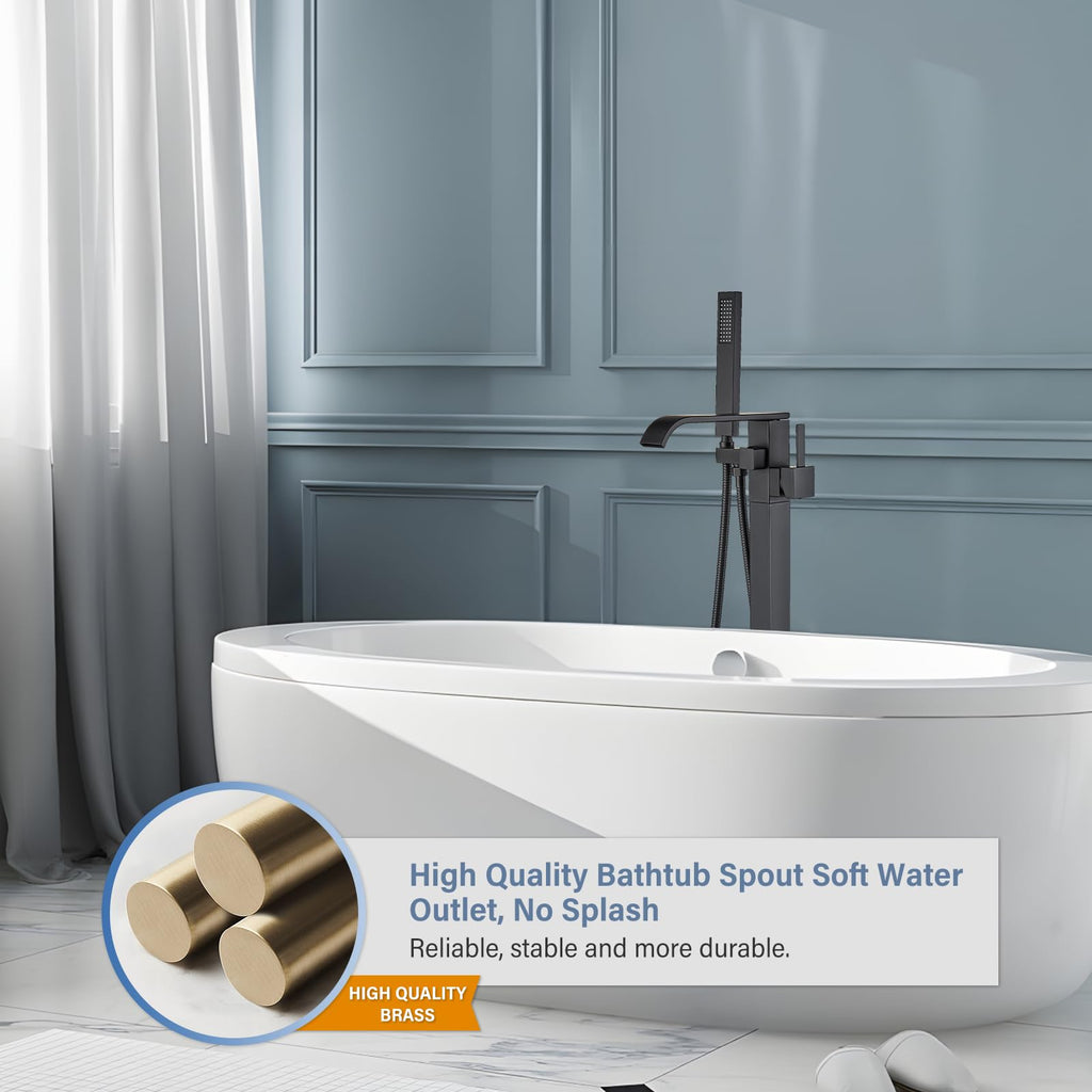 Brushed Gold Freestanding Bathtub Faucet with Hand Shower Tub Filler Faucet Floor Mounted High Flow Single Handle Bath Filler Solid Brass