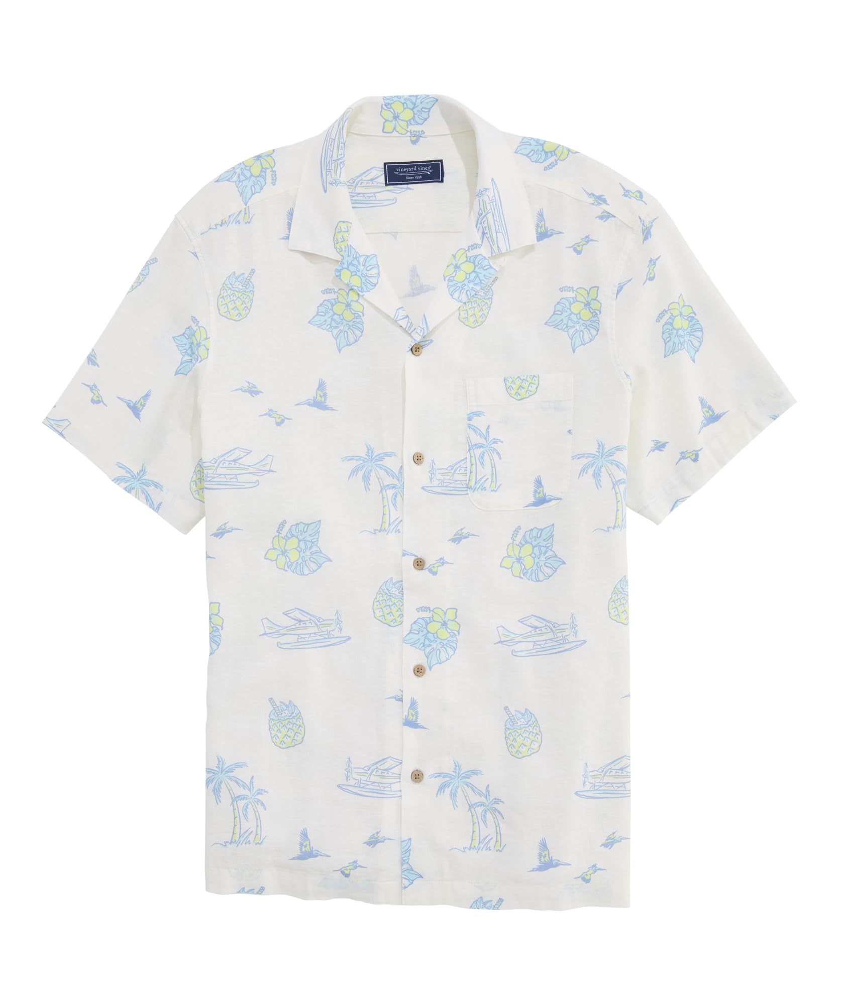 Vineyard Vines Men's Tropical Airways Seabreeze Linen Rayon Short Sleeve Cabana Shirt