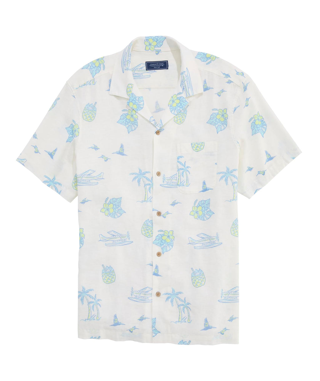 Vineyard Vines Men's Tropical Airways Seabreeze Linen Rayon Short Sleeve Cabana Shirt