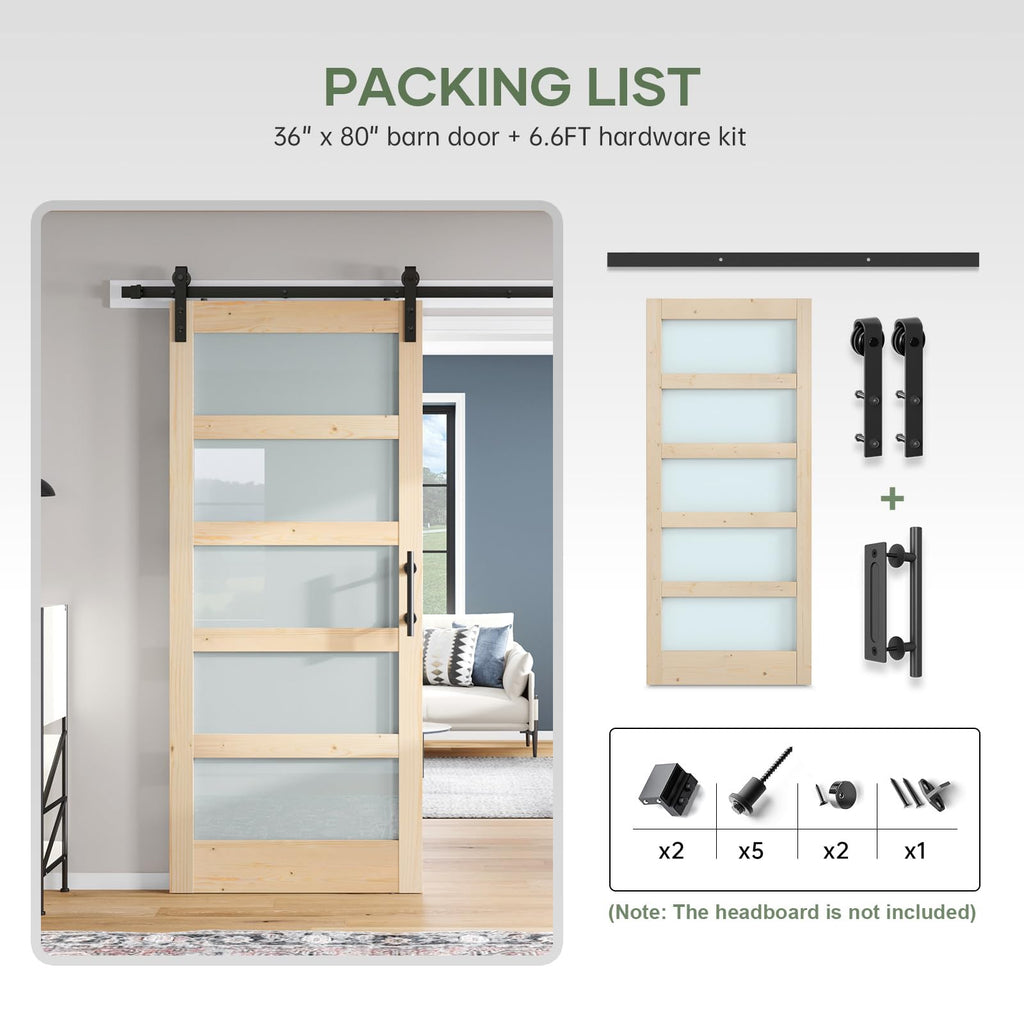 Double 18×84 inch Glass Sliding Barn Door Slab with 6.6ft Hardware Kit Included, 5-Panel Frosted Glass, Spruce Wood Support DIY Dyeing, Easy Assembly