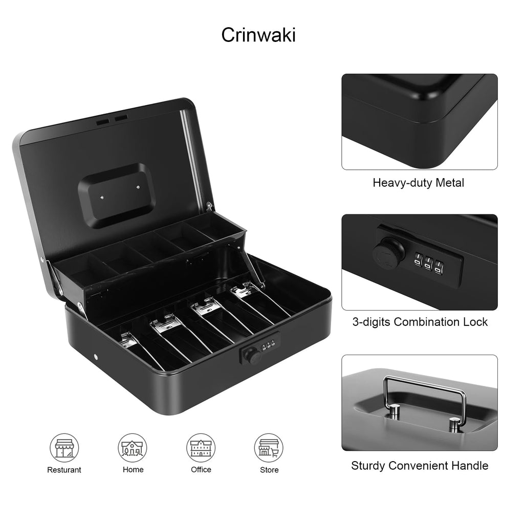 Cash Box with Money Tray and Key Lock, Saving Lock Box with Money Tray Storage for Cash Register 11.8"x9.45"x3.54" Black XL Large