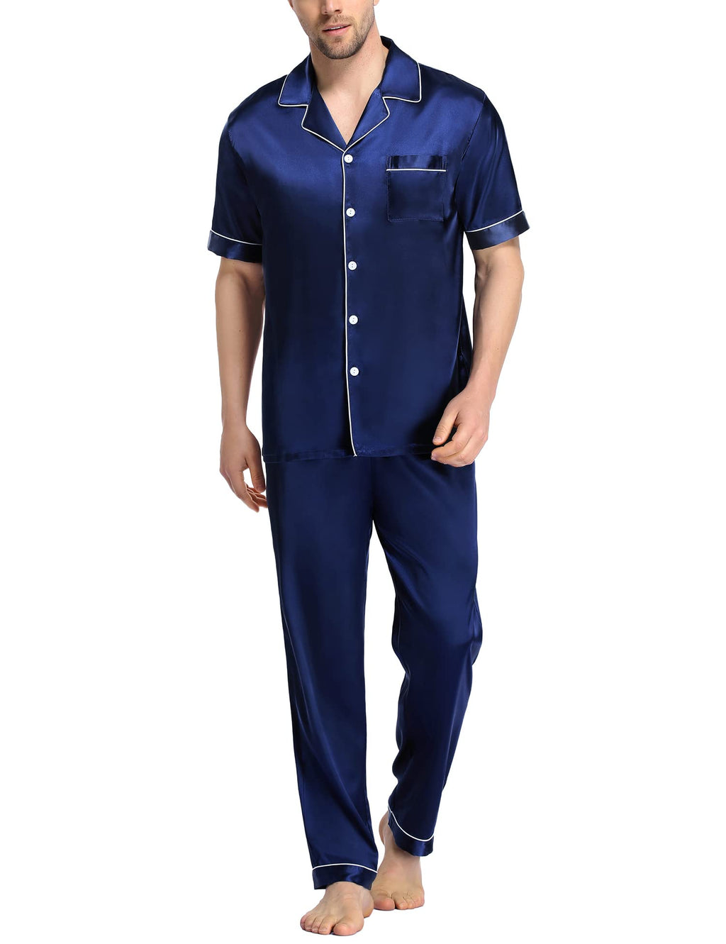 SWOMOG Mens Satin Pajama Set Short Sleeve Classic Sleepwear Button Down Silky Loungewear with Long Pants