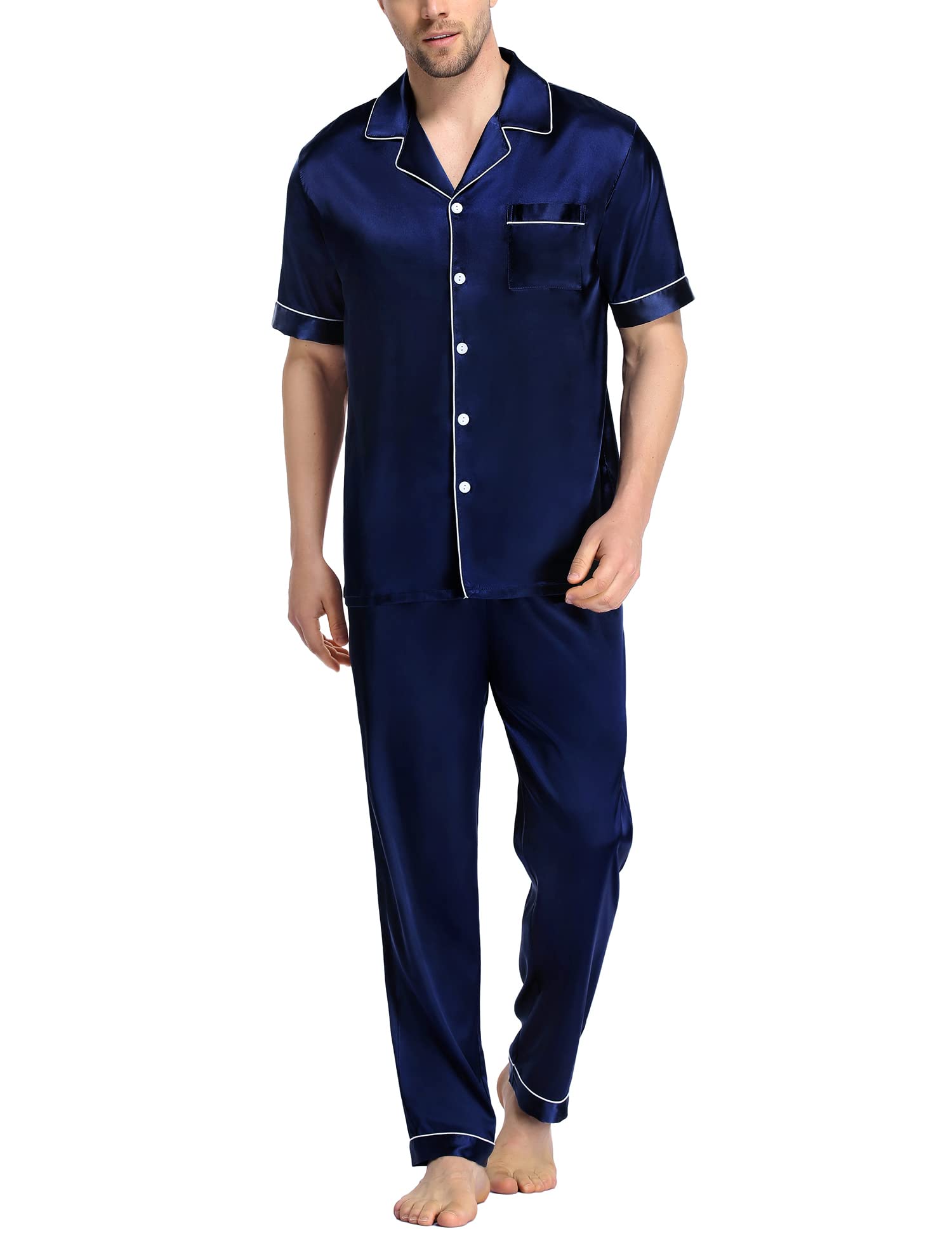 SWOMOG Mens Satin Pajama Set Short Sleeve Classic Sleepwear Button Down Silky Loungewear with Long Pants