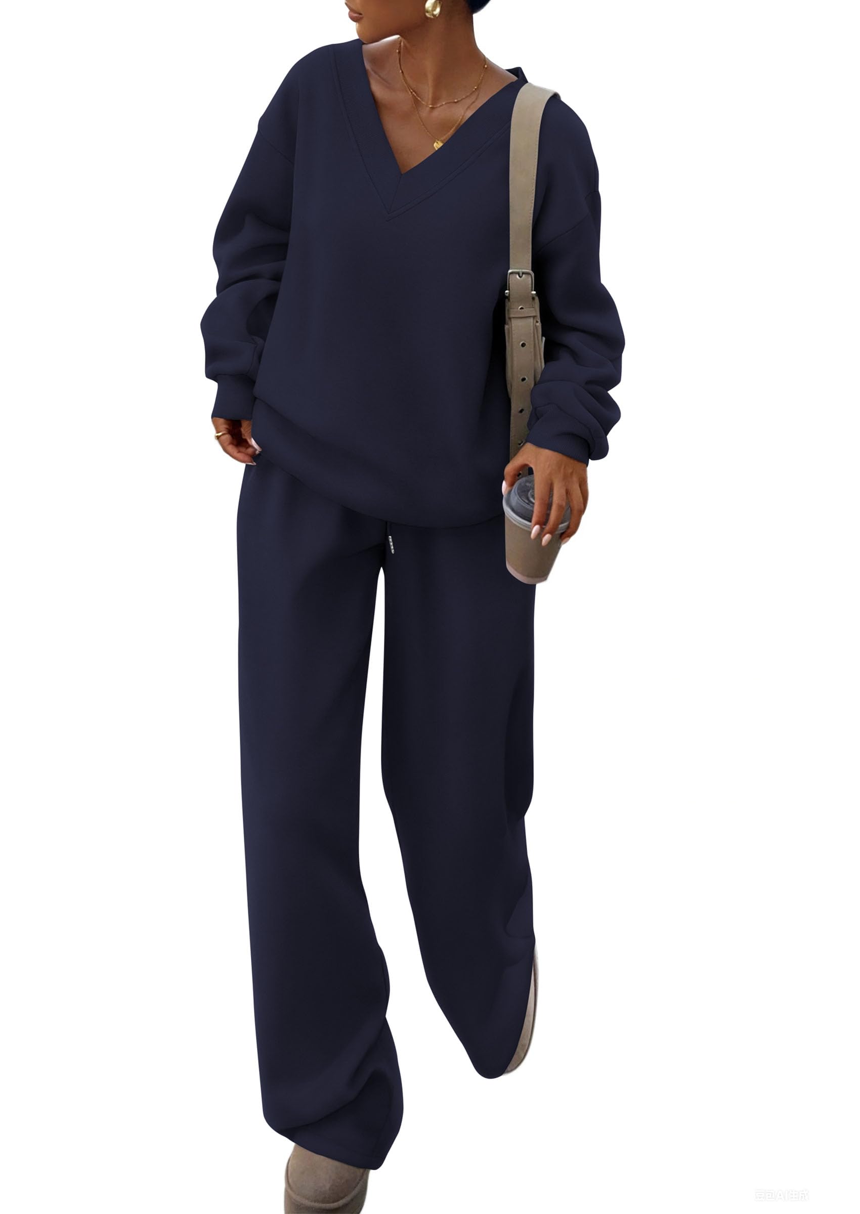 PRETTYGARDEN Casual Winter Two Piece Sets for Women 2026 V Neck Sweatshirt Loose Wide Leg Pants Tracksuit Knit Fall Outfits