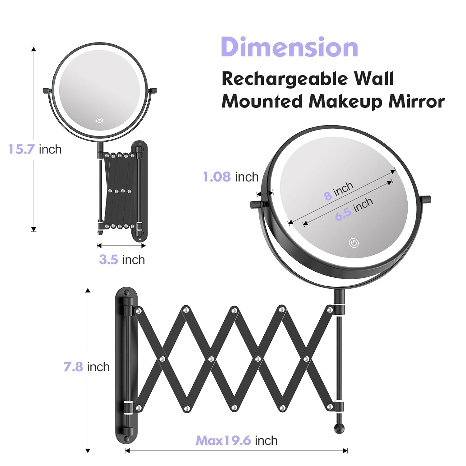 FUNTOUCH Rechargeable Cosmetic Mirror with 1X/30X Magnification, 4000 mAh, 3 Colours Lighting, Extended Arm Makeup Mirror, 360° Rotatable Wall Mirror for Bathroom and Hotel (Black)