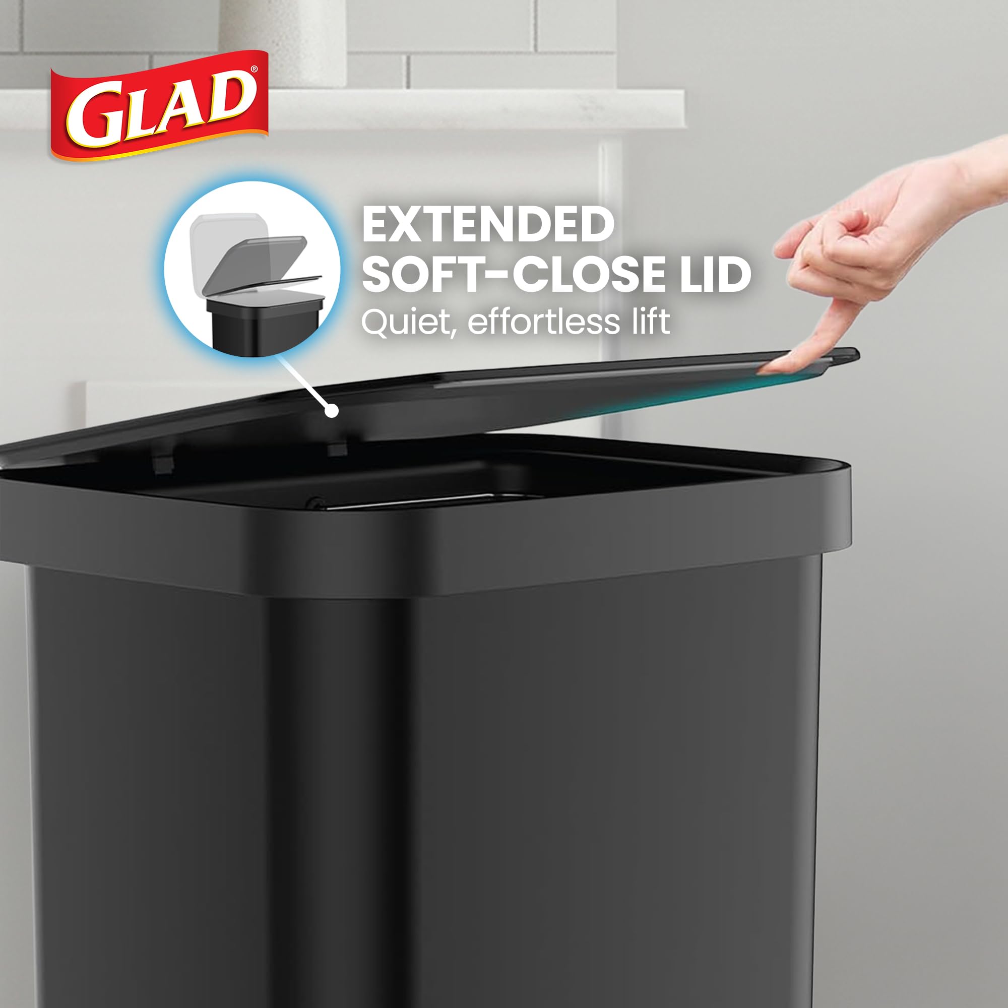Glad 13 Gallon All Brushed Stainless Steel Trash Can with Clorox Odor Protection | Large Metal Kitchen Garbage Bin with Soft Close Lid, Garbage Bag Rings, Step On Foot Pedal and Waste Bag Roll Holder