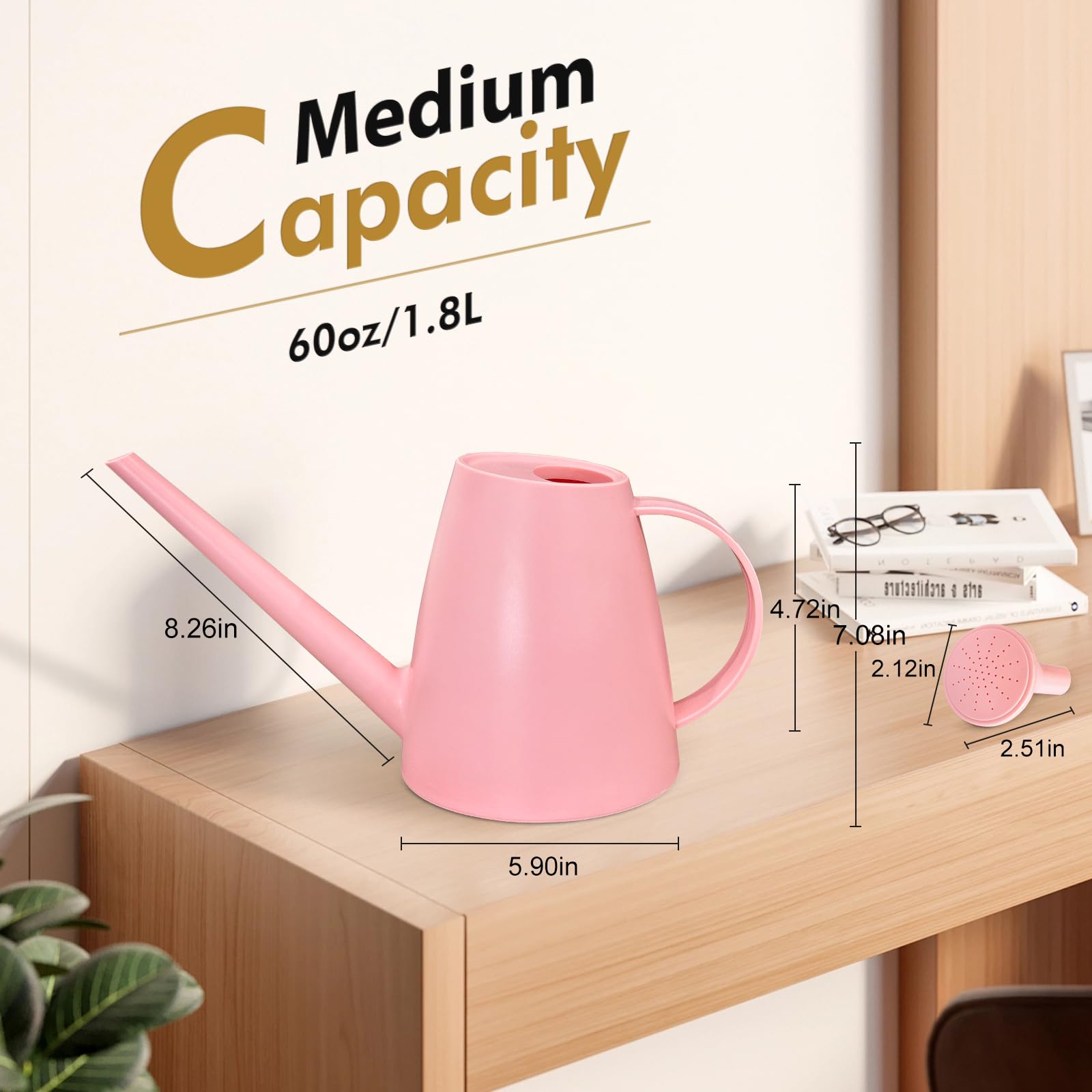 60 oz Watering Can for Indoor Plants, Small Plastic Watering Cans with Removable Nozzle, Long Spout Indoor Water Can for House Plants, Garden Flowers (1.8L 1/2 Gal)