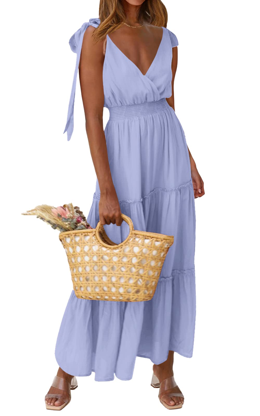 PRETTYGARDEN Women's Cross Neck Summer Sleeveless Tiered Maxi Dress Beach Tie Strap Smocked Long Dresses Pleated Sundress