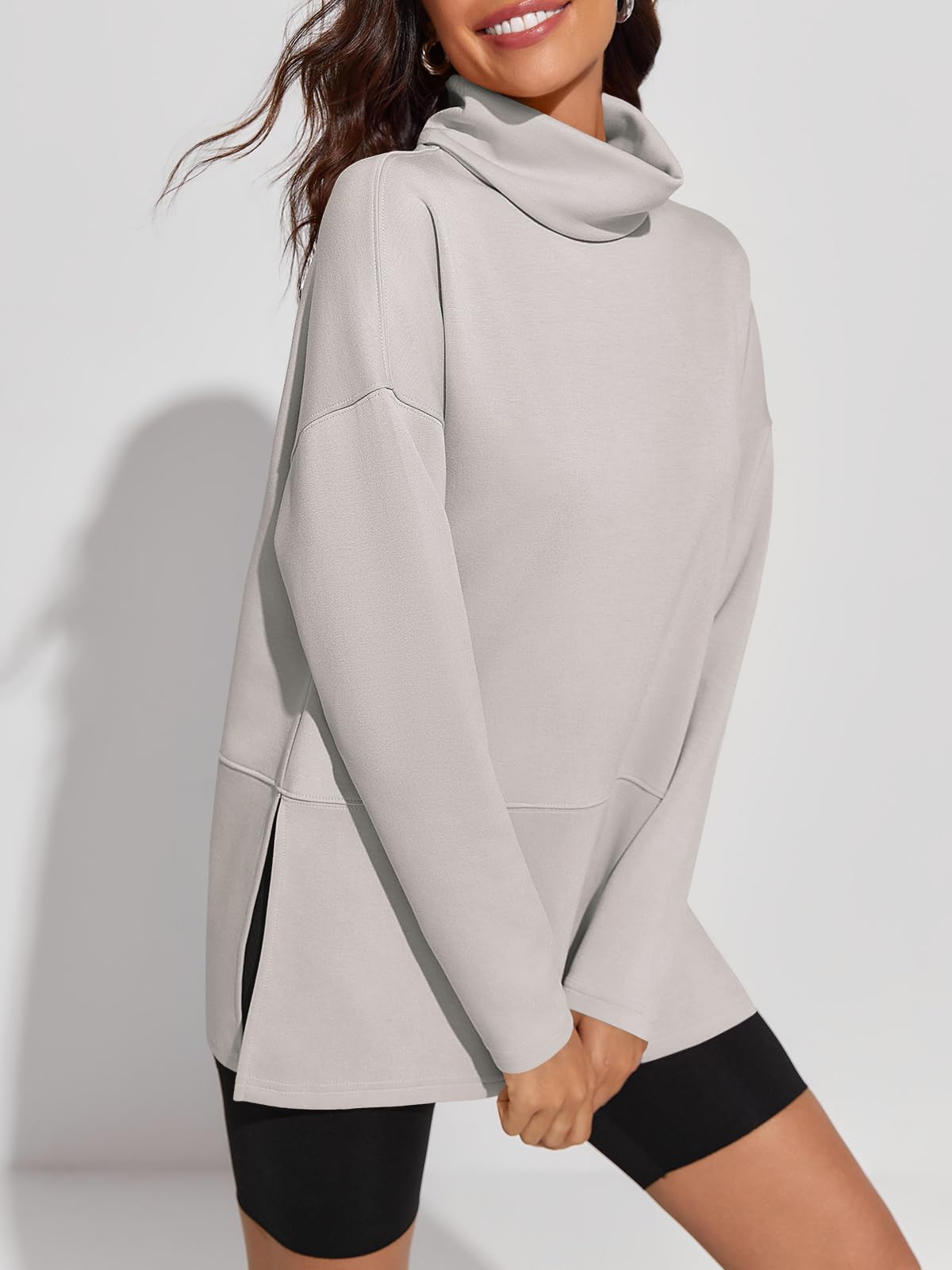 Fisoew Women's Turtleneck Oversized Sweatshirt Casual Long Sleeve Loose Side Slit Pullovers Tunic Tops