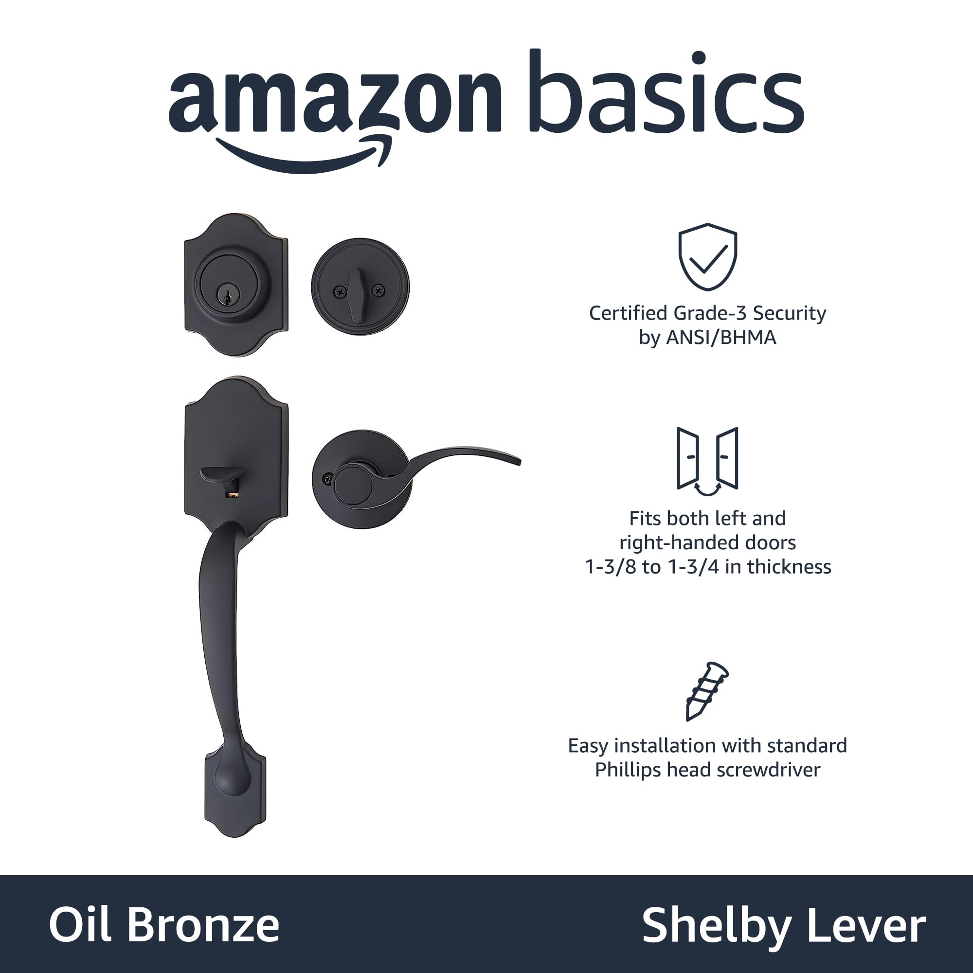 Amazon Basics Front Door Lock Set, Handleset with Shelby Lever, Single Cylinder, Easy to Install, Oil Bronze, Grade-3 Security