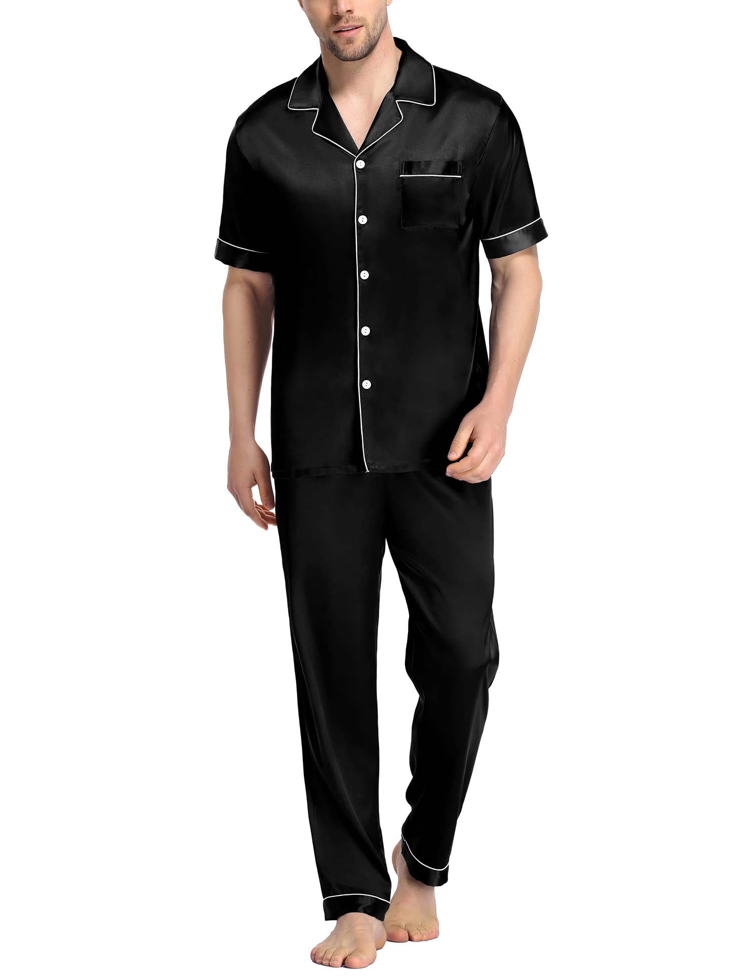 SWOMOG Mens Satin Pajama Set Short Sleeve Classic Sleepwear Button Down Silky Loungewear with Long Pants