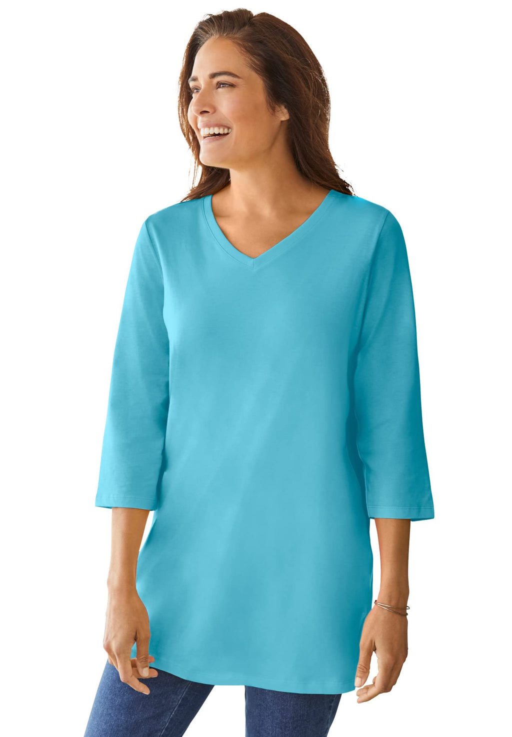 Woman Within Plus Size Perfect Three-Quarter Sleeve V-Neck Tunic
