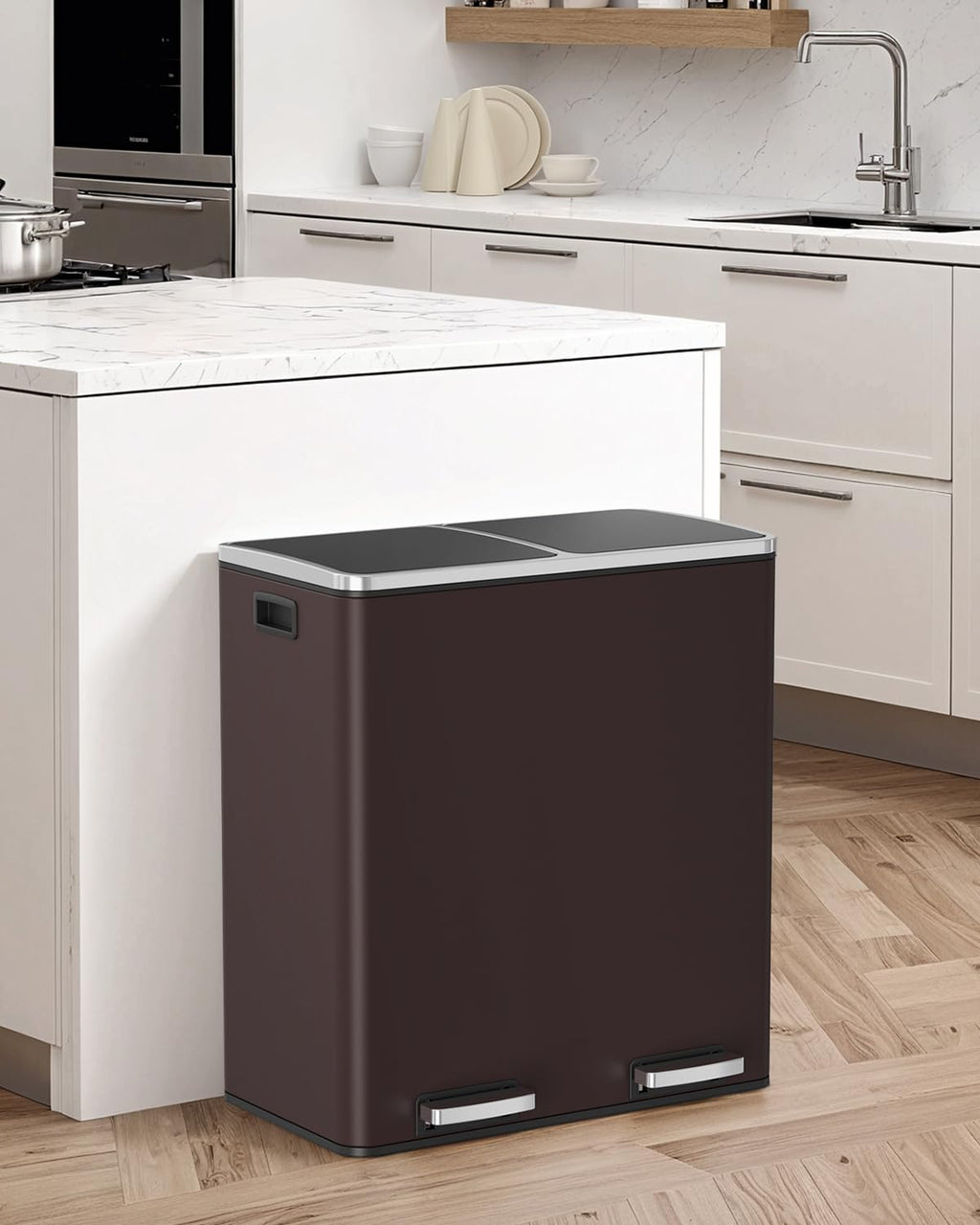 Arlopu Dual Trash Can, 2 x 8 Gallon (2 x 30 L) Hands-Free Trash and Recycle Bin Combo, Stainless Steel Kitchen Garbage Can with Soft-Close Lid, Removable Inner Buckets, Step Pedal, Airtight (Black)