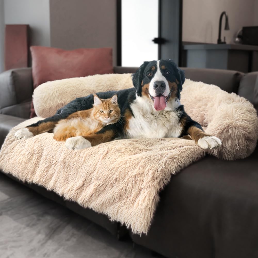 Luxurious Calming Dogs/Cats Bed Mats, Dog Pad Washable Removable Couch Cover, Plush Long Fur Mat for Pets, Waterproof Lining, Perfect for Small, Medium and Large Dogs and Cats (Beige, 31"x23")
