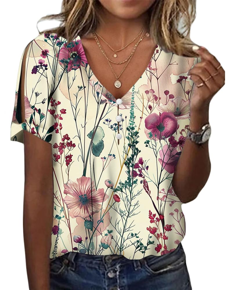 HOTYD Women's Boho Floral Print Ladies Short Sleeve Tops Summer Blouses Dressy Casual V Neck Cold Shoulder Tunic Tops