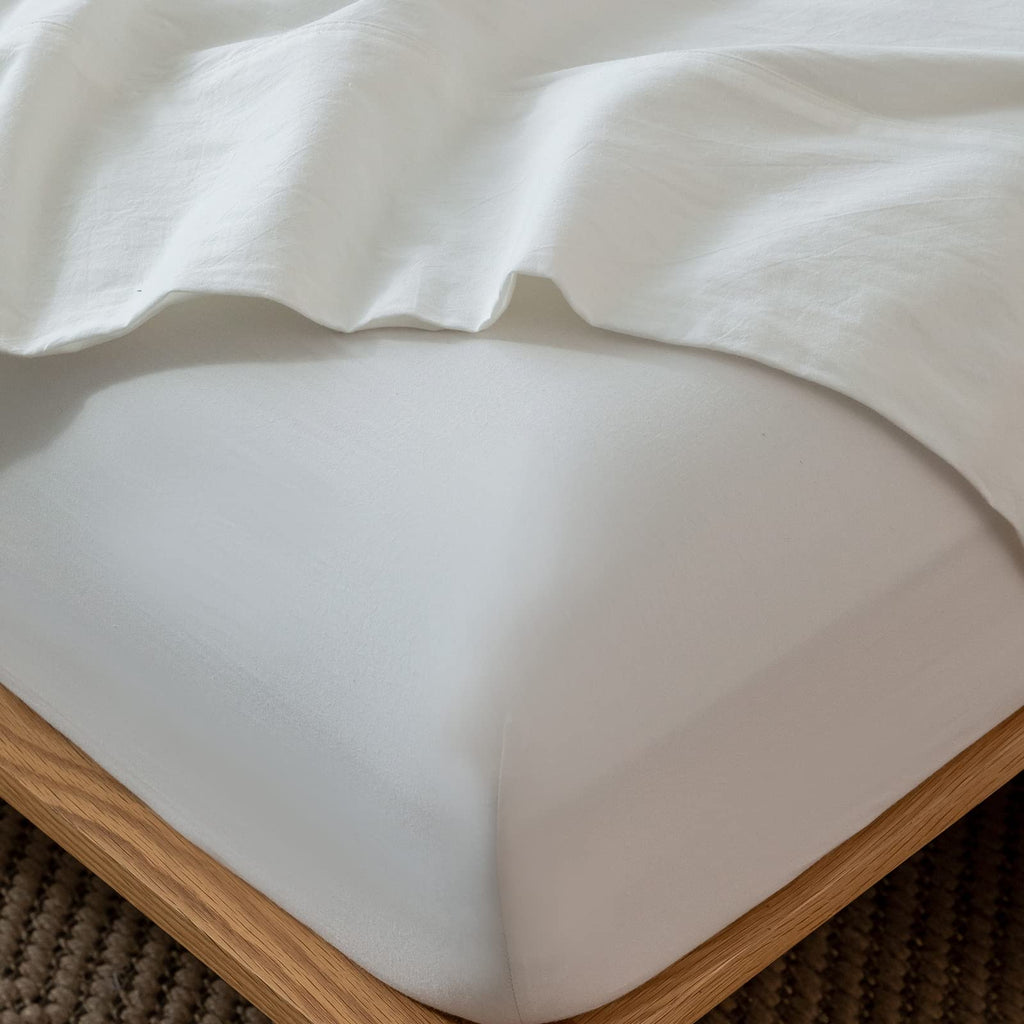 MooMee Fitted Bottom Sheet Only 100% Washed Cotton Linen Like Textured Breathable Durable Soft Comfy Deep Pocket Fits Mattress up to 17" (Almond Milk Grey, Twin)