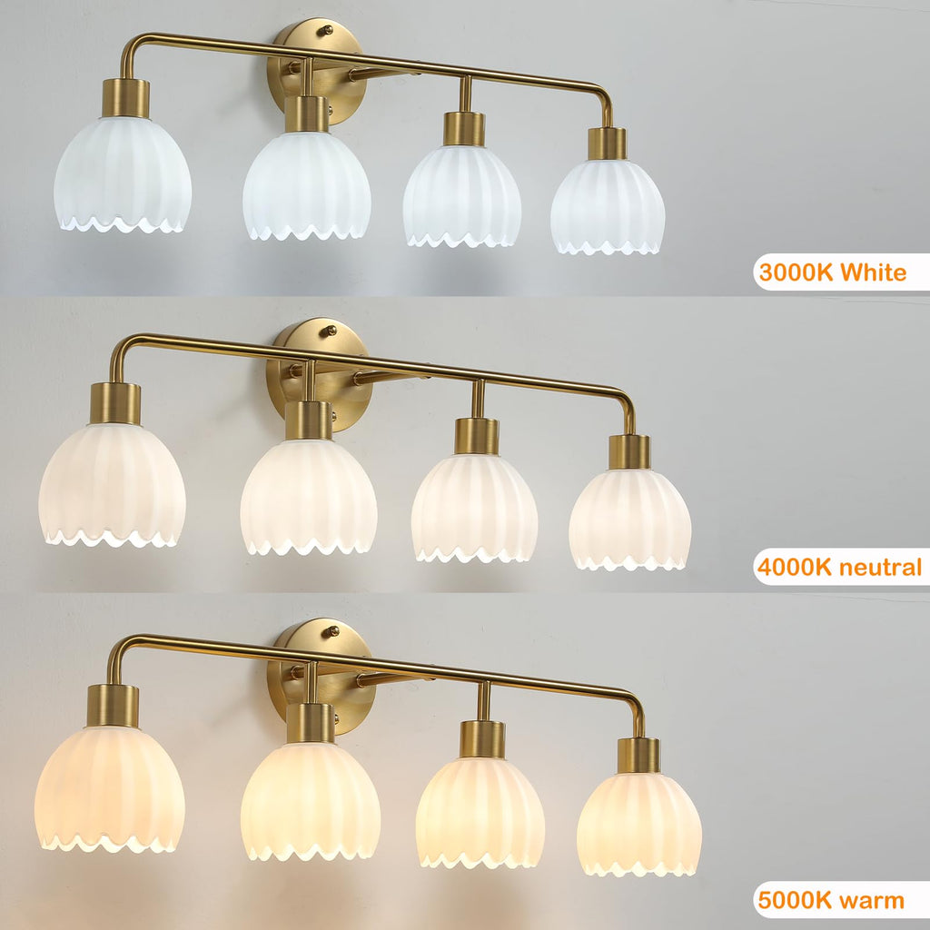 1-Light Gold Brass Bathroom Light Fixture,Wall Sconces set of 2,Brushed Gold Vanlity Light Over Mirror,Bathroom Vanity Light with White Tulip Glass Flower Shade,E26 Socket(Bulbs Not Included)