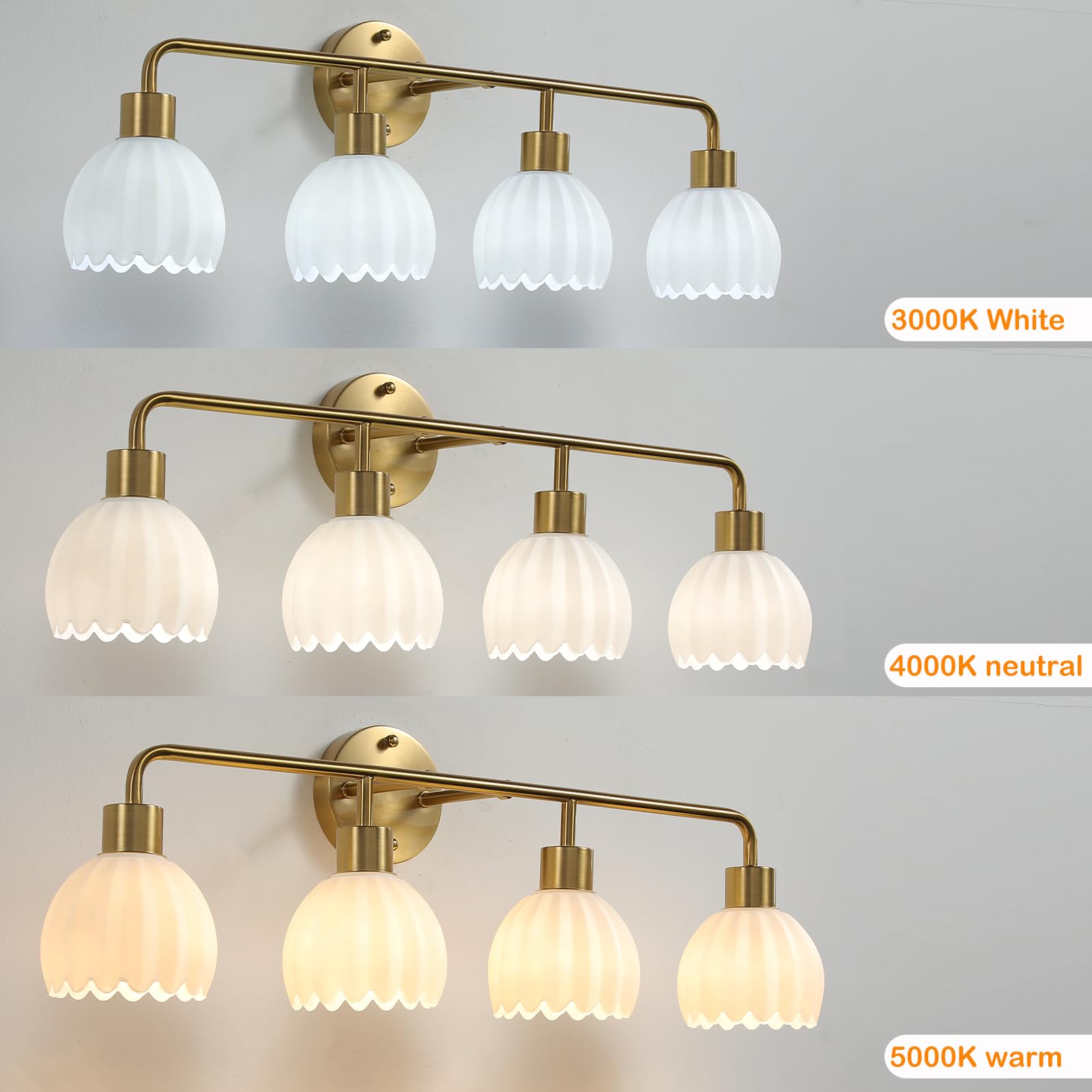 1-Light Gold Brass Bathroom Light Fixture,Wall Sconces set of 2,Brushed Gold Vanlity Light Over Mirror,Bathroom Vanity Light with White Tulip Glass Flower Shade,E26 Socket(Bulbs Not Included)