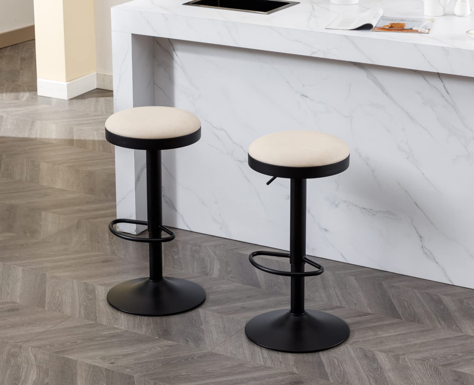 EALSON Modern Swivel Bar Stool Adjustable Counter Height Backless Barstools with Metal Base Leather Upholstered Round Bar Stool Chairs for Kitchen Island/Pub/Breakfast Bar, Beige 1PC