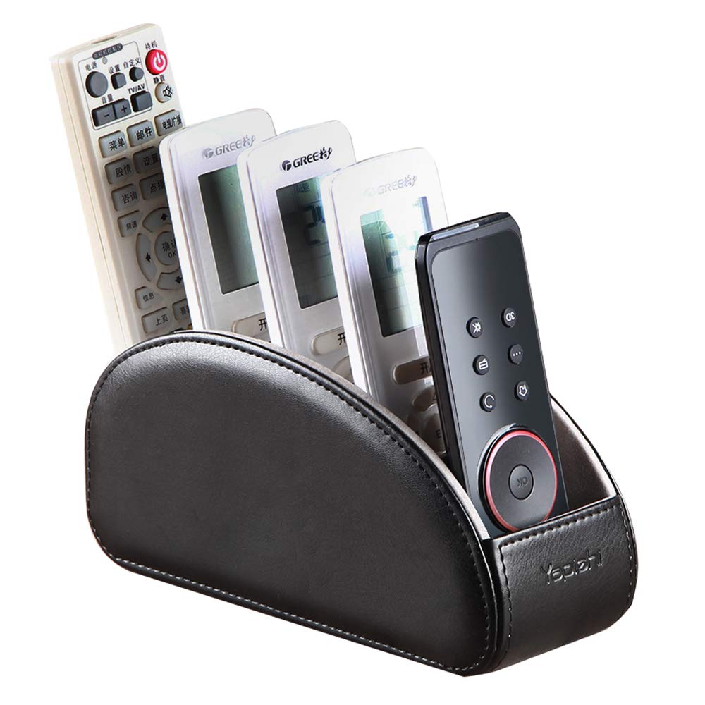 YAPISHI All-in-One Leather Brown TV Remote Holder with 5 Compartments Nightstand Desktop Media Player Remote Caddy Storage Box Organizer Tray for Mobile Office Phone Controller