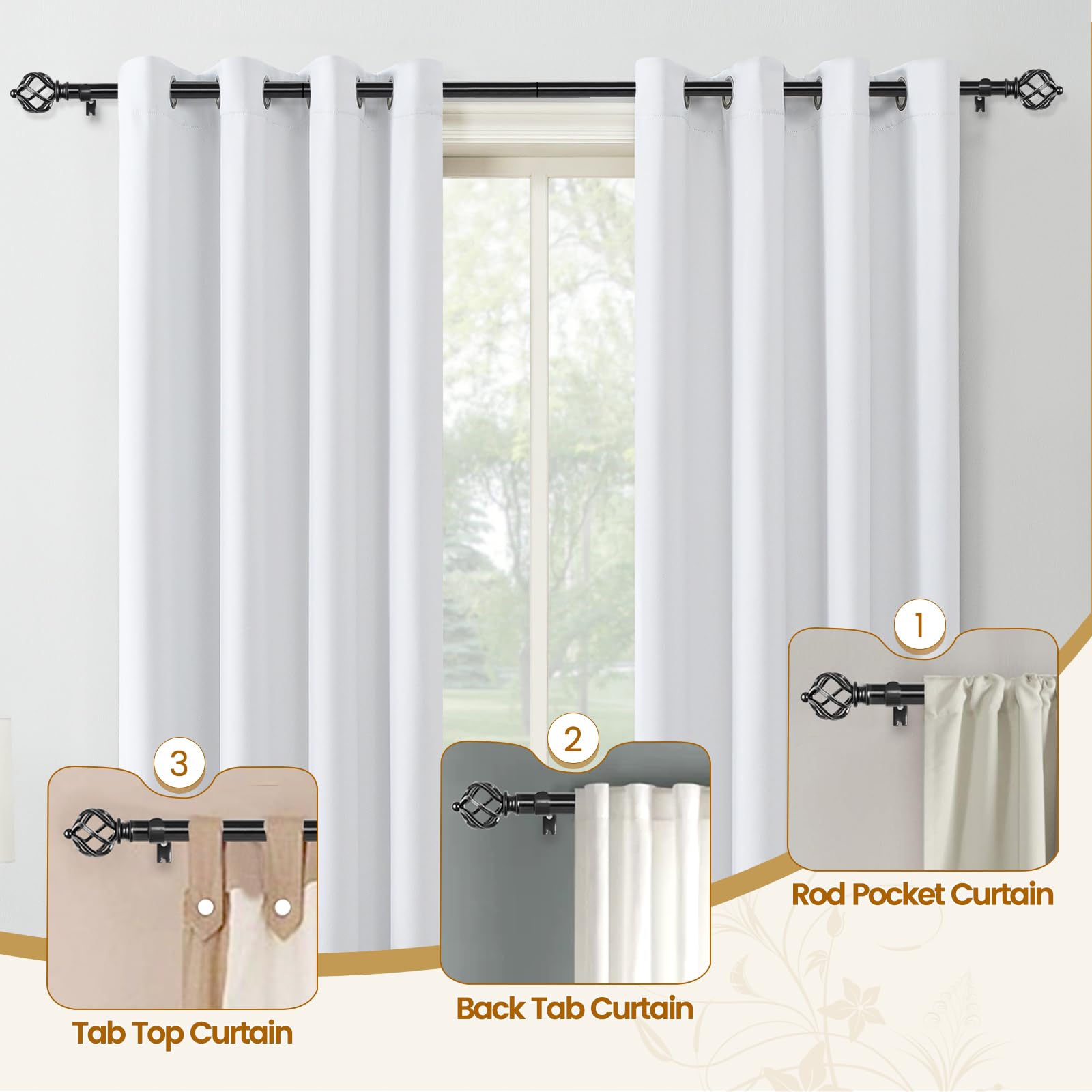 KAMANINA Silver Curtain Rod 32 to 58 Inch(2.6-4.8ft), Adjustable Curtain Rods for Windows 28 to 48 Inch, 3/4 Inch Splicing Drapery Rods with Twisted Cage Finial