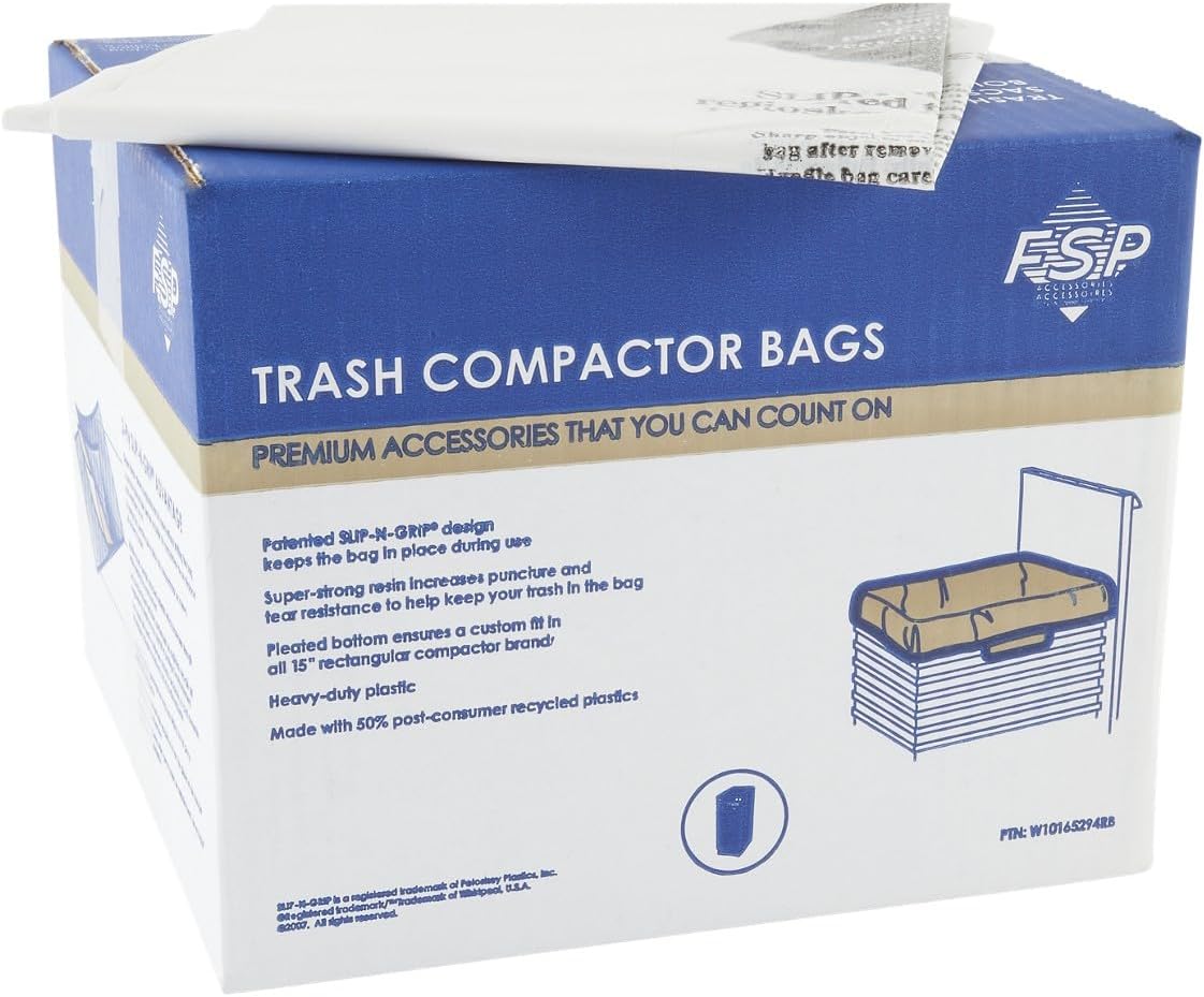 Whirlpool W10165294RB Genuine OEM Trash Compactor Bags (60-Pack) – Heavy-Duty 15-Inch Replacement Bags – Fits KitchenAid, Maytag, JennAir, & Kenmore – 3 Mil Thick, Slip-N-Grip Leak-Proof Design