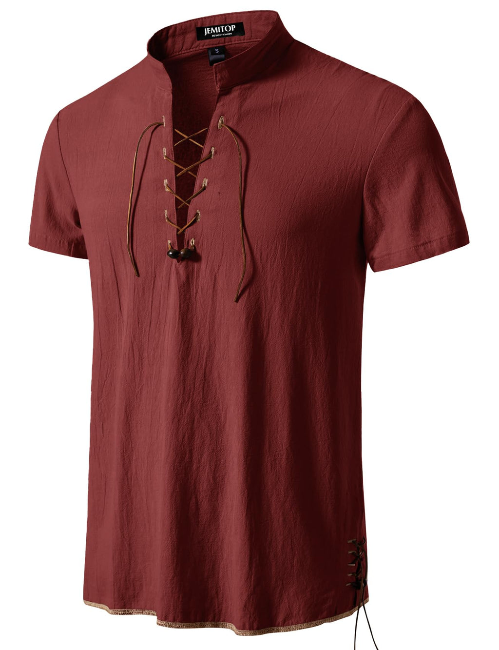 JEMITOP Men's Pure Cotton Vintage Short Sleeve Lace Up Shirts for Renaissance Pirate Viking Medieval Costume