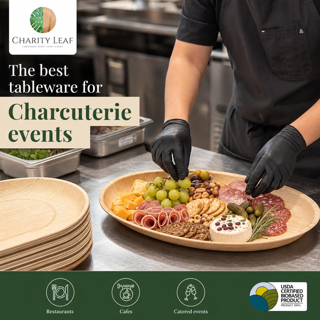 Charity Leaf Disposable Palm Leaf 17" x 12" Trays (10 pieces) Bamboo Like Serving Platters, Disposable Boards, Eco-Friendly Dinnerware For Weddings, Catering, Events