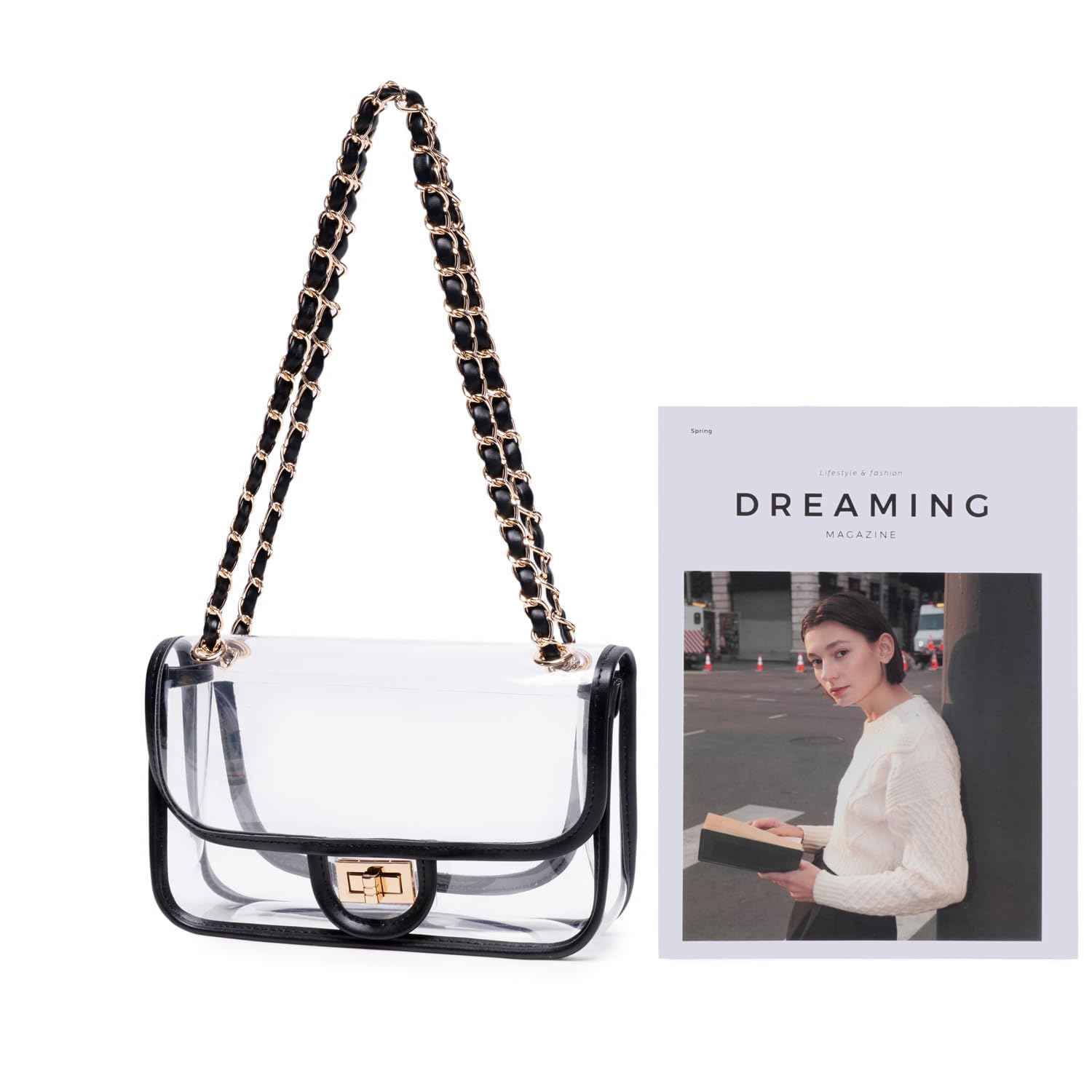 Womens PVC Clear Purse Handbag with Chain Stadium Approved Clear Bag See Through Bag for Working and Concert
