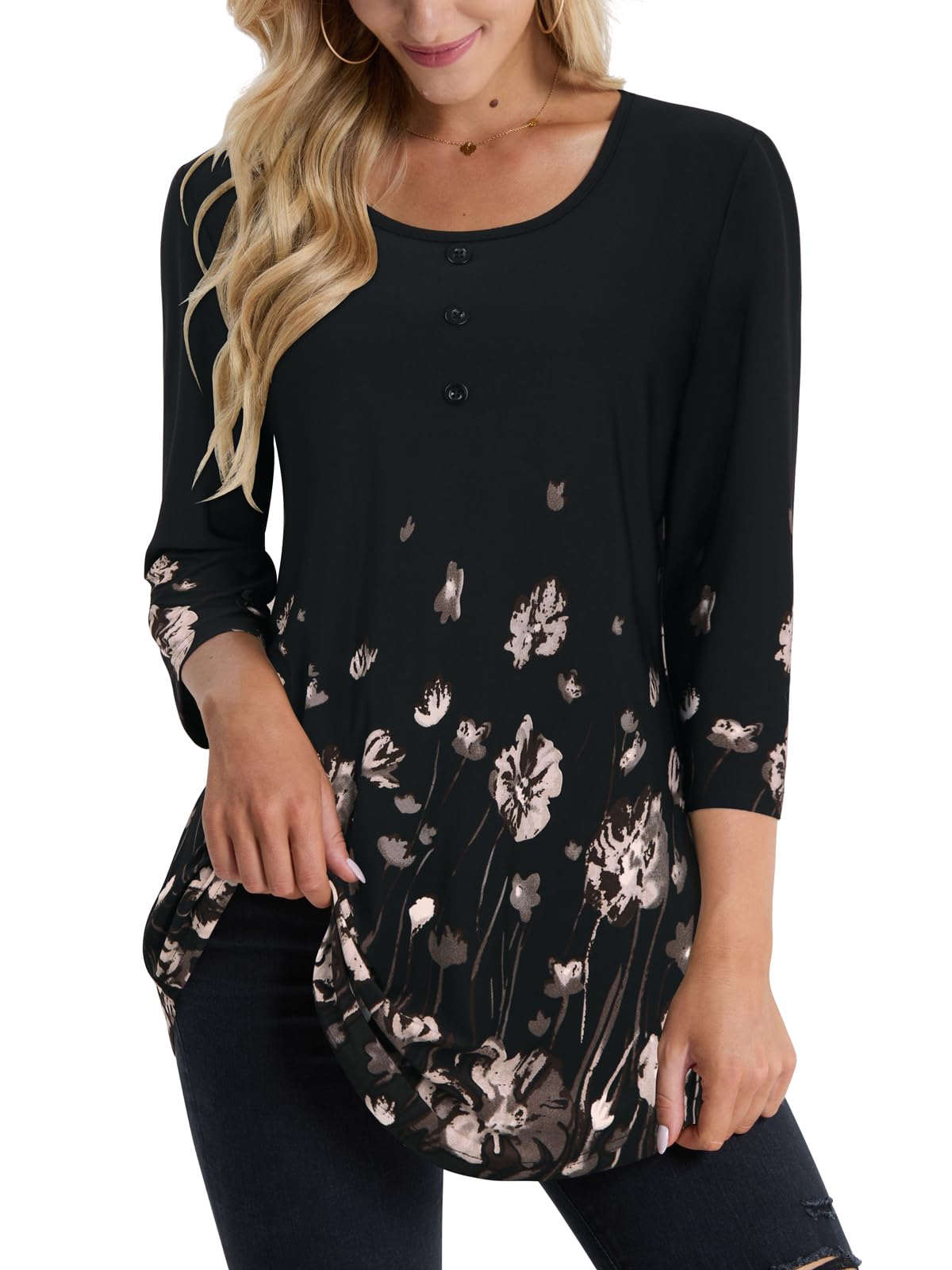 BAISHENGGT Womens Tops 3/4 Sleeve Round Neck Casual Tunic Tops Fall Fashion 2025 Dressy Casual Blouses