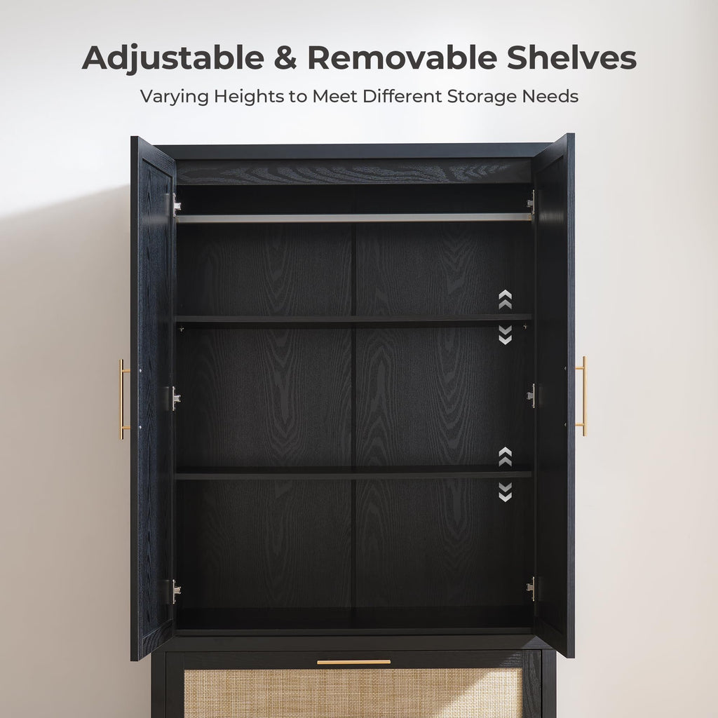 SICOTAS Rattan Armoire Wardrobe Closet Cabinet, 71" Wardrobe Storage Cabinet with Doors, 2 Drawers and Hanging Rod, Boho Large-Capacity Deep Armoire Clothes Organizer for Bedroom, Black Oak