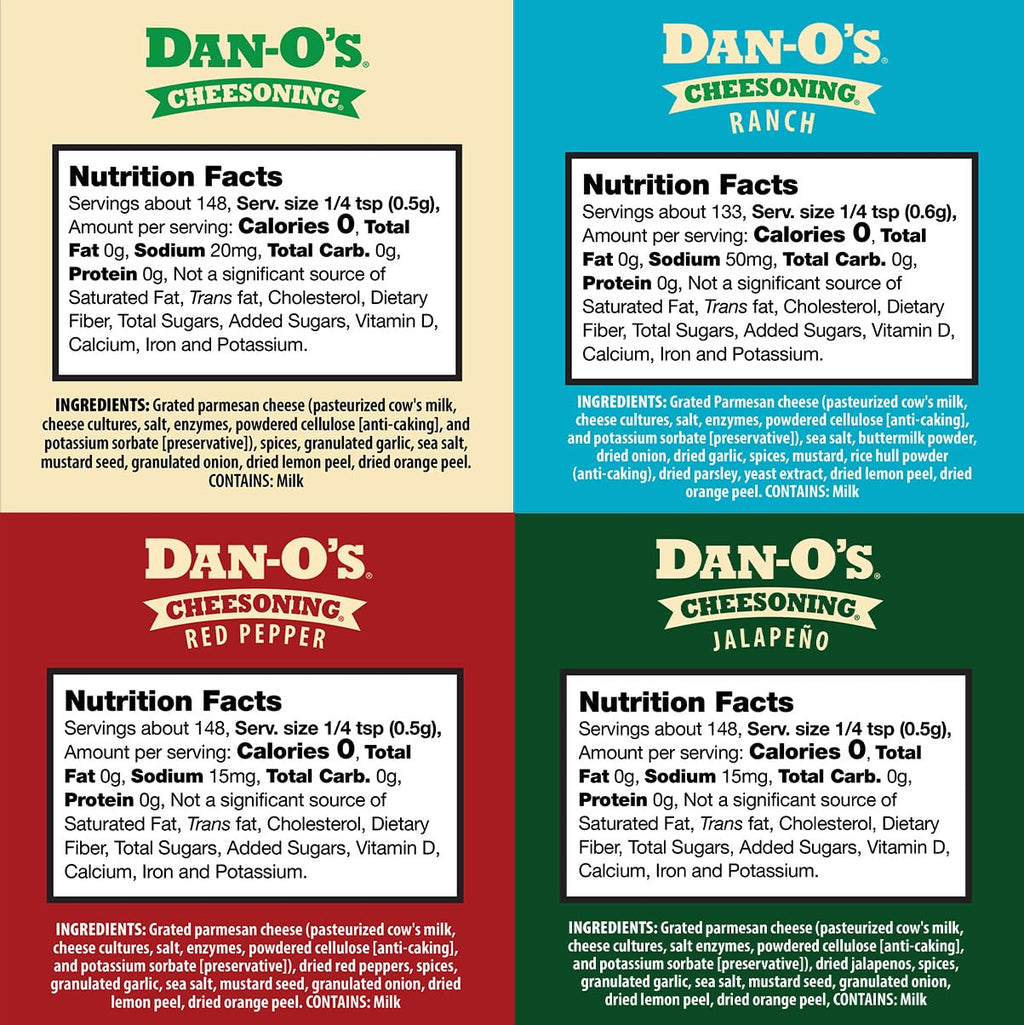 Dan-O's Cheesoning Block Seasoning Set, Small Bottles, 4 Pack, Includes Ranch Cheesoning, Red Pepper Cheesoning, Cheesoning, and Jalapeño Cheesoning Seasonings, Sugar Free, Zero Calorie, Use this Seasoning Kit in Pasta, Toppings or Sauce