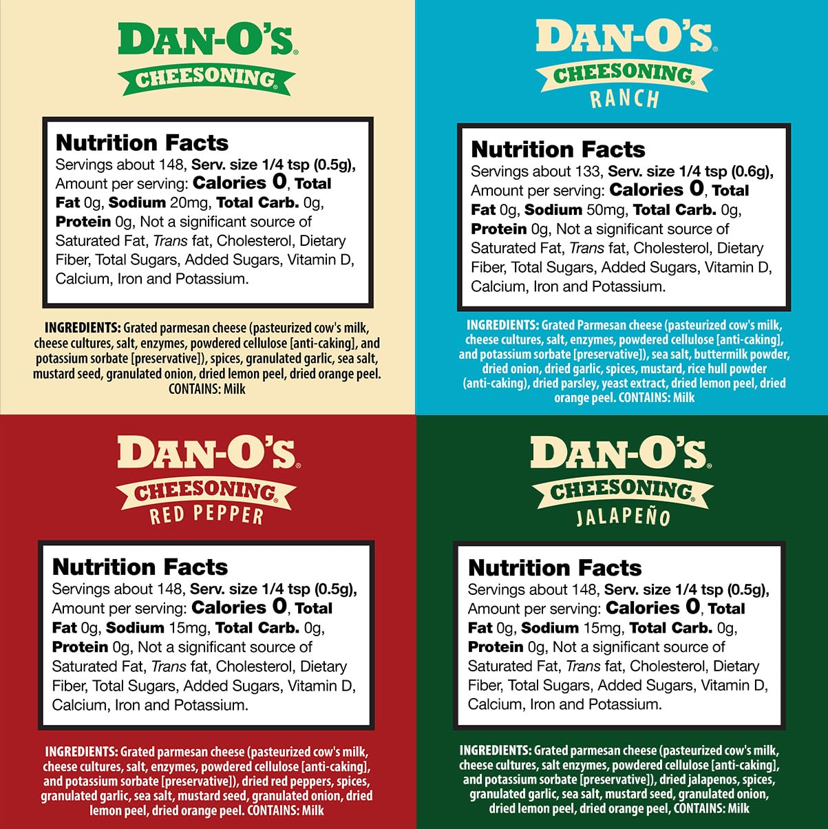 Dan-O's Cheesoning Block Seasoning Set, Small Bottles, 4 Pack, Includes Ranch Cheesoning, Red Pepper Cheesoning, Cheesoning, and Jalapeño Cheesoning Seasonings, Sugar Free, Zero Calorie, Use this Seasoning Kit in Pasta, Toppings or Sauce