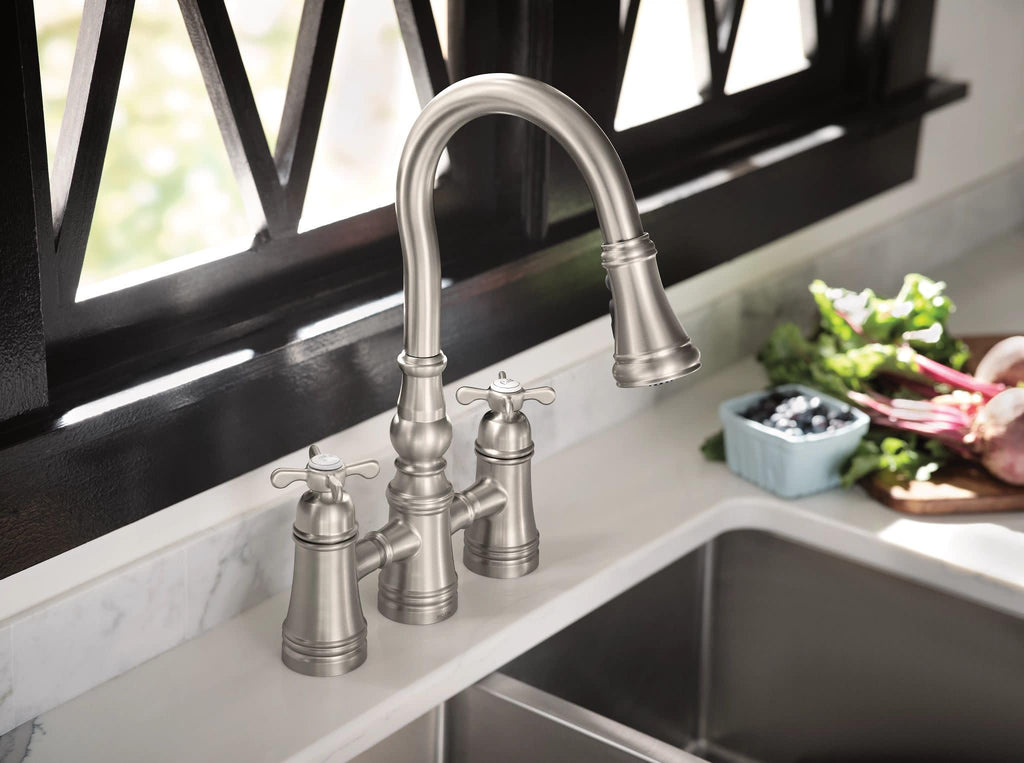 Moen Brushed Gold Weymouth Two Handle Pulldown Bridge Kitchen Faucet, S73204BG