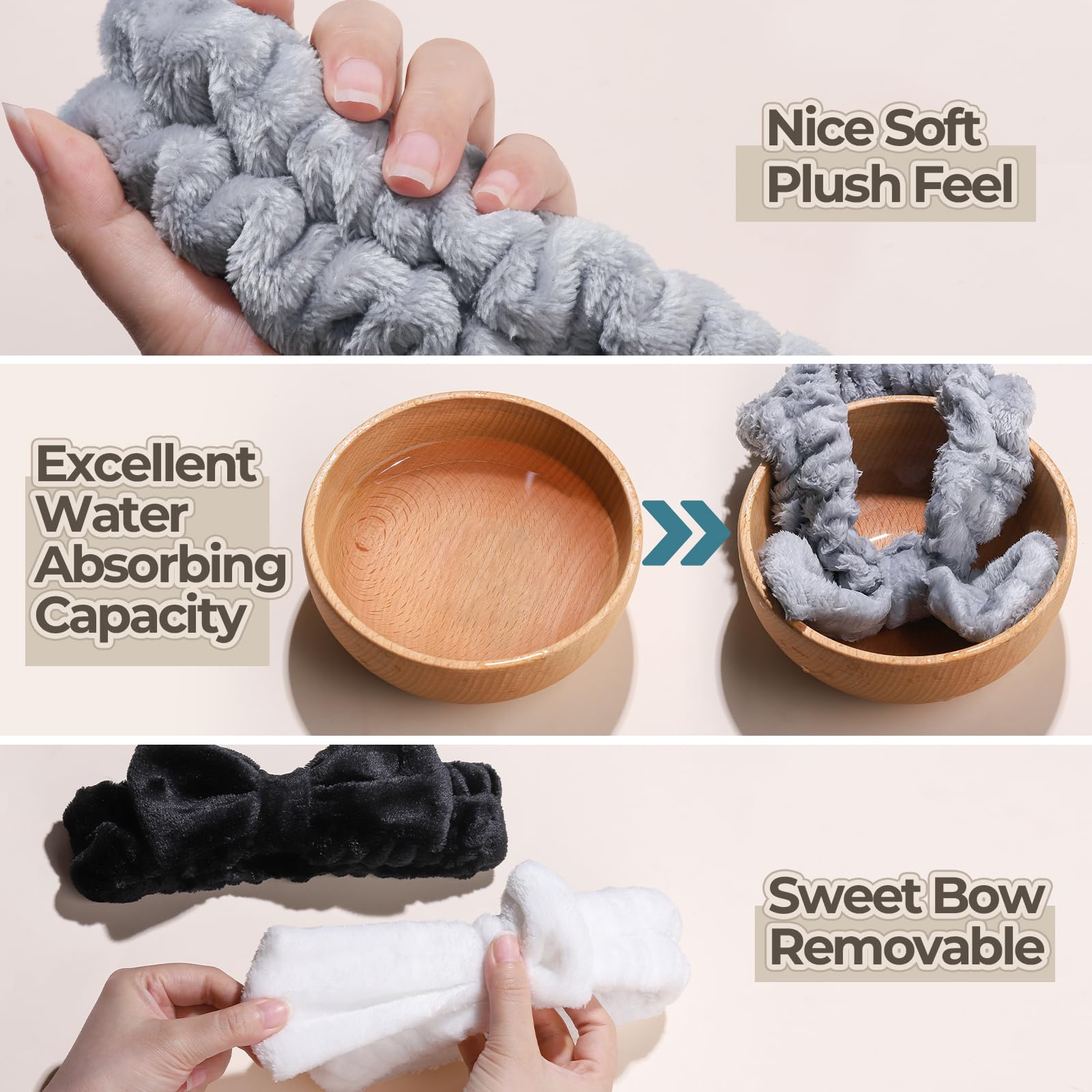 LEOBRO Spa Headband, 6pcs Makeup Headbands and Hair Scrunchies, Bow Skin Care Headband for Washing Face for Teen Girls Women, Easter Basket Valentines Gifts for Girls, Black & White & Gray