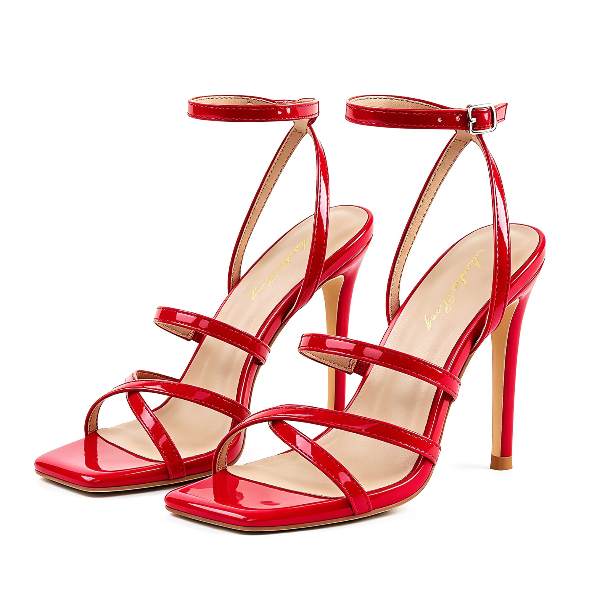 Elisabet Tang Women’s Crystal Stilettos Heeled Sandals, 4 Inch Square Open Toe Strappy Sexy High Heels Ankle Strap Buckle Heels for Party Wedding Dress Daily Wear Shoes