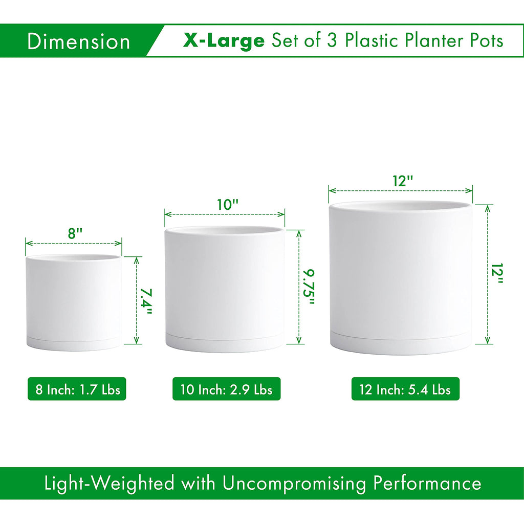 D'vine Dev 6.5 Inch 8 Inch 10 Inch, Set of 3 Plastic Planter Pots for Plants with Drainage Hole and Seamless Saucers, Black Color, Large, 74-V-B-4