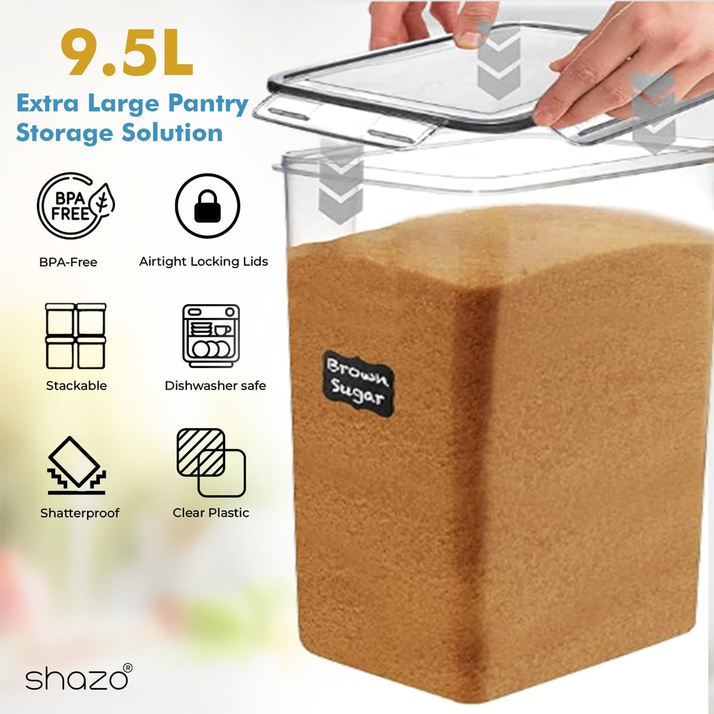 Shazo 2 PC (9.5L | 321 Oz) Extra Large Bulk Food Storage Containers with Airtight Lids for Flour, Sugar, Rice, Cereal & Pasta - Leakproof, BPA-Free Plastic Canisters for Kitchen & Pantry Organization