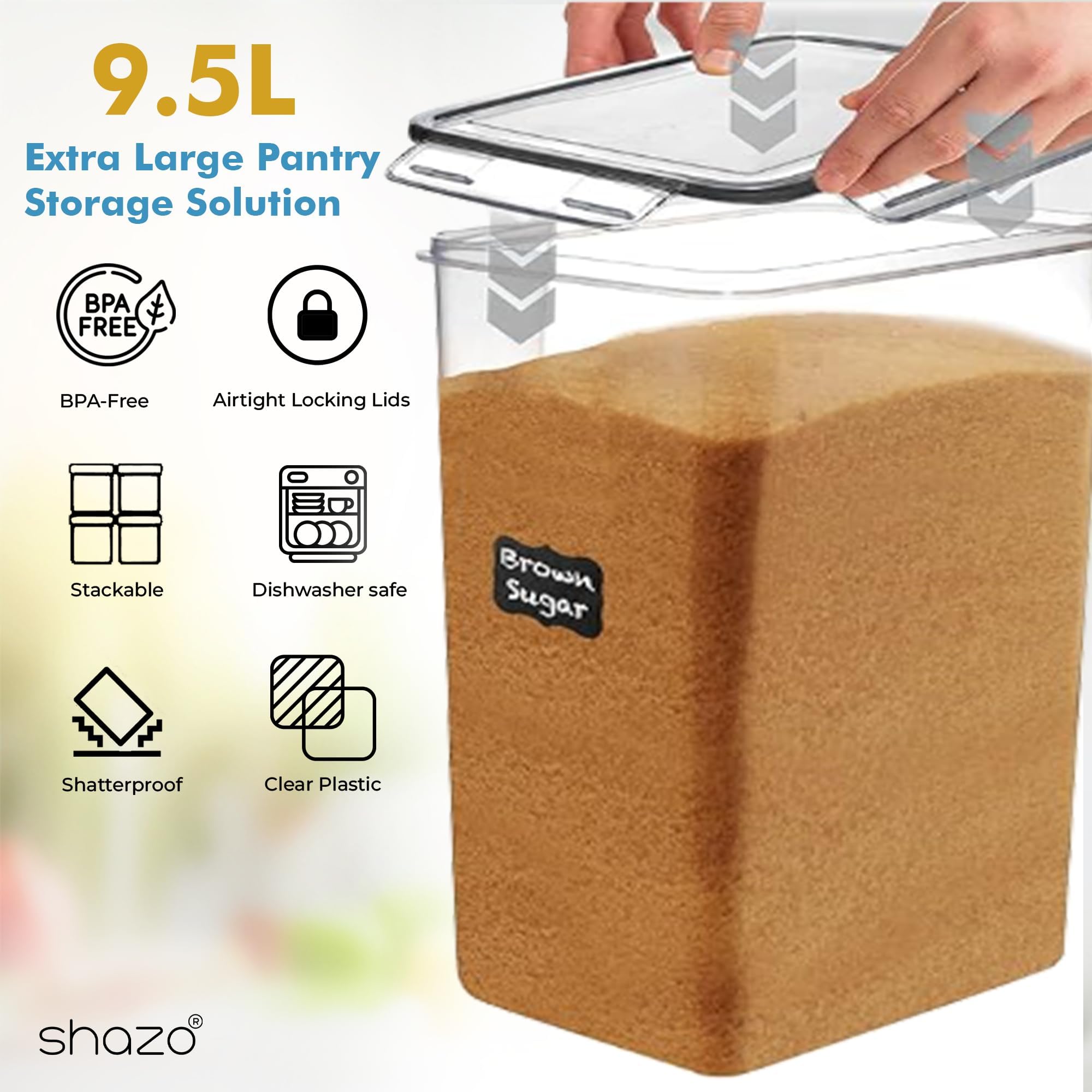 Shazo 2 PC (9.5L | 321 Oz) Extra Large Bulk Food Storage Containers with Airtight Lids for Flour, Sugar, Rice, Cereal & Pasta - Leakproof, BPA-Free Plastic Canisters for Kitchen & Pantry Organization