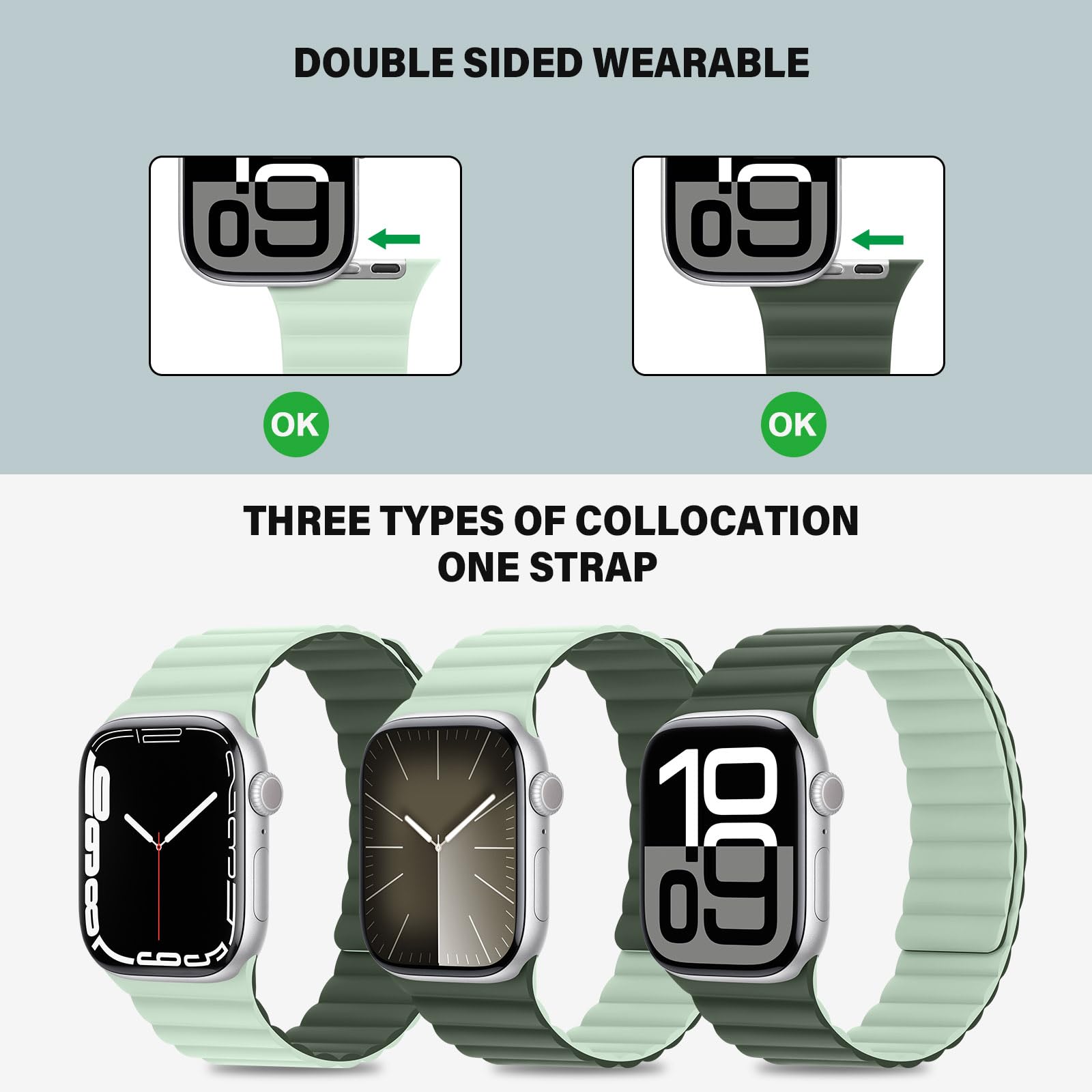 Bisikor Compatible with Apple Watch Band 49 46 45 44 42 41 40 38mm, Double Sided Wearable Silicone Magnetic Strap for iWatch Ultra SE Series 11 10 9 8 7 6 5 4 3 2 1 (38/40/41/42, Beige/Gray)