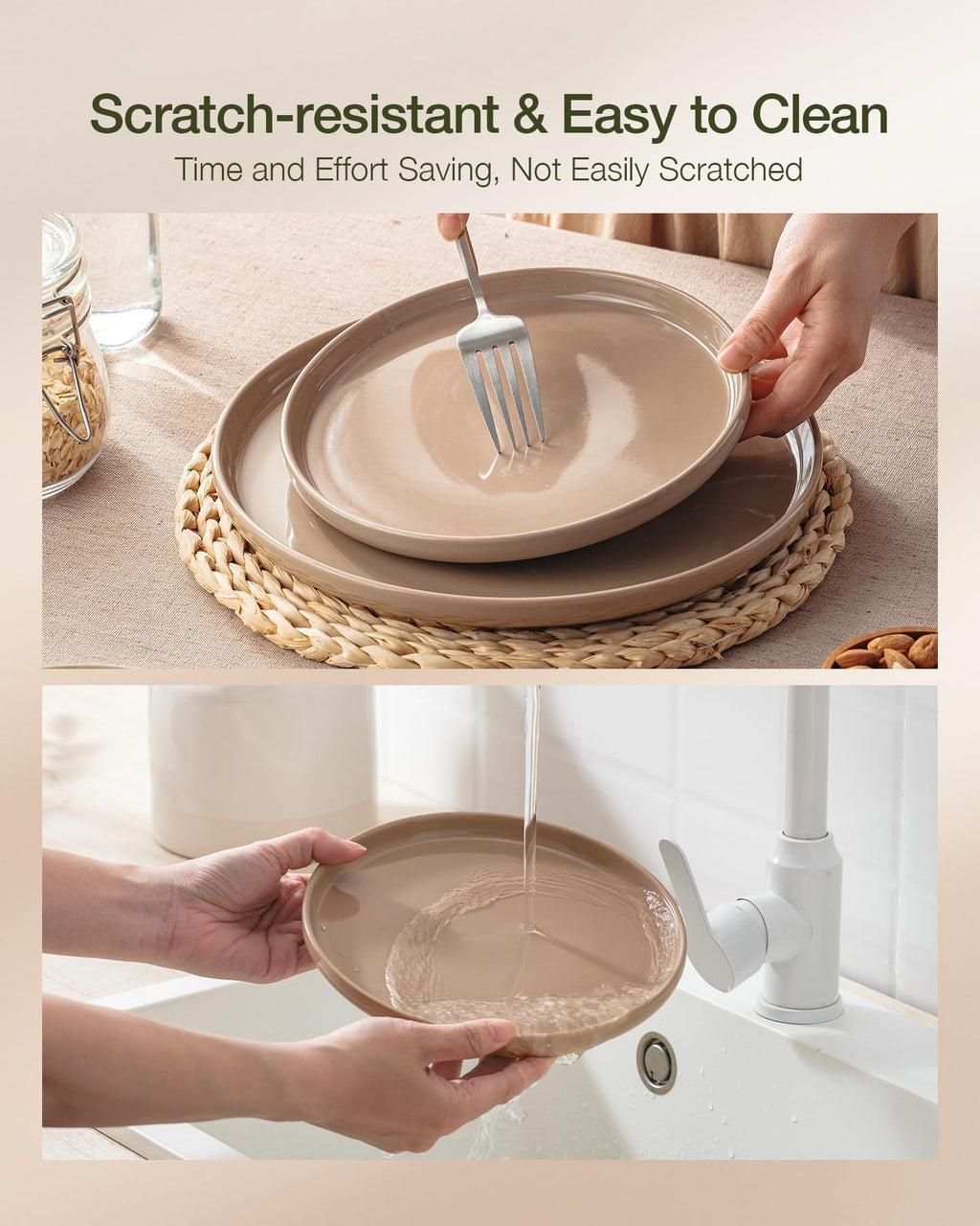 Famiware Pluto Stoneware Dinnerware Sets, 12-Piece Double Reactive Glaze Plates and Bowls Sets, Dishware Sets for Everyday & Formal Dining, Irregular Edge Dishes, Service for 4, Matte Beige White